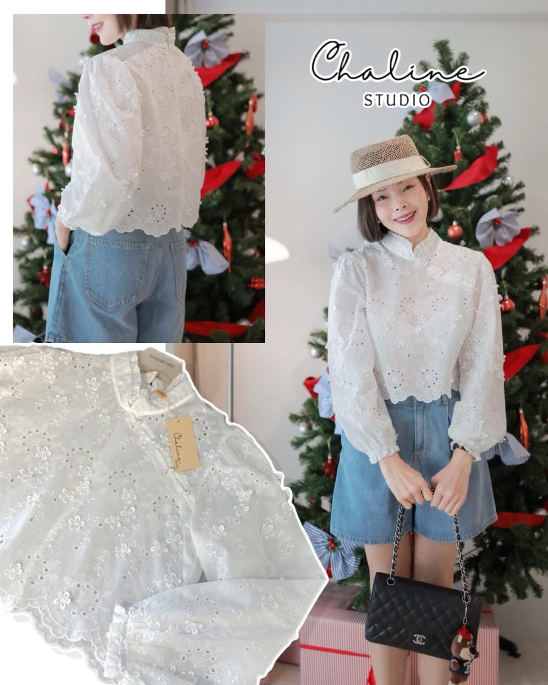 เสื้อแขนยาวคอจีน ผ้าคอตตอนเนื้อนุ่ม เนื้อผ้าปักฉลุลายทั้งตัว ช่วงคอแต่งกระดุมมุกป้ายข้างน่ารักแกะได้ค่ะ ชายเสื้อหยักโค้งสวยตามเชิงลู ใส่สบาย : สินค้าคุณภาพ (พร้อมส่ง)