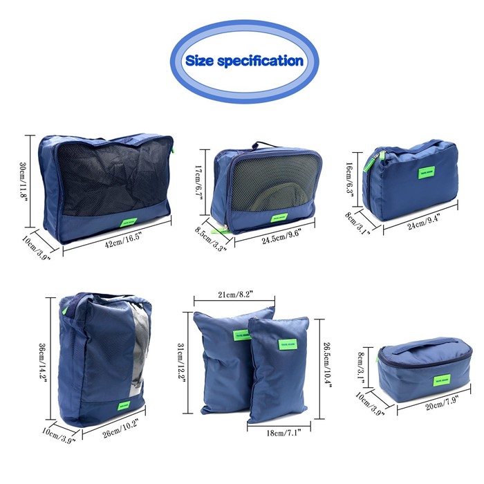 Travel Season กระเป๋าจัดระเบียบเดินทาง 7 ใบ จัดกระเป๋าเดินทาง ท่องเที่ยว ใส่เสื้อผ้า ชุดชั้นใน อุปกรณ์ห้องน้ำ กางเกงใน รองเท้า ถุงเท้า เครื่องสำอาง อุปกรณ์ไอที (Navy Blue)