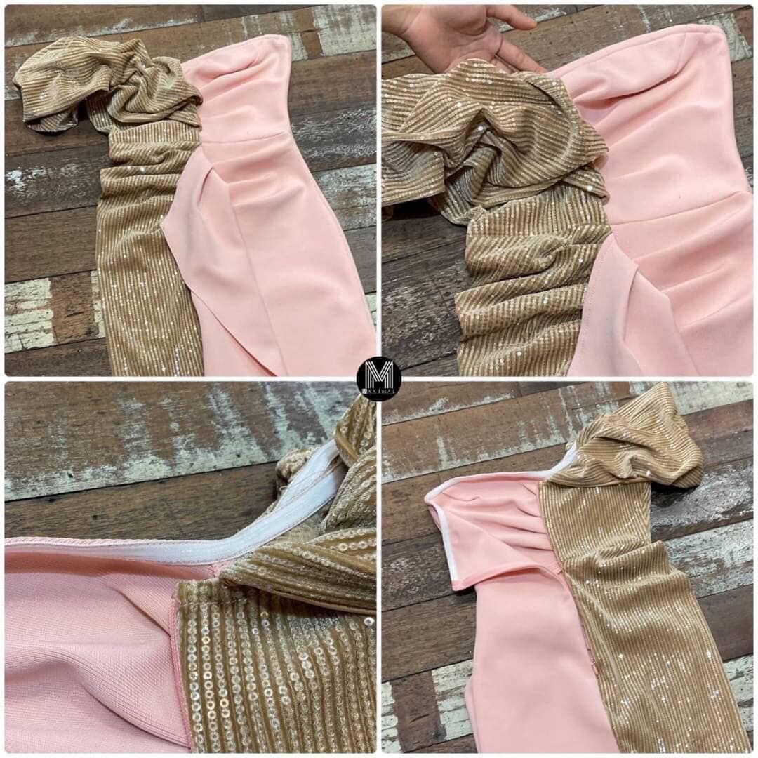 เดรสนิตติ้งครีมวิ้งครึ่ง ซีกทูโทนเปิดบ่าสอบยาว สินค้าคุณภาพ (พร้อมส่ง)