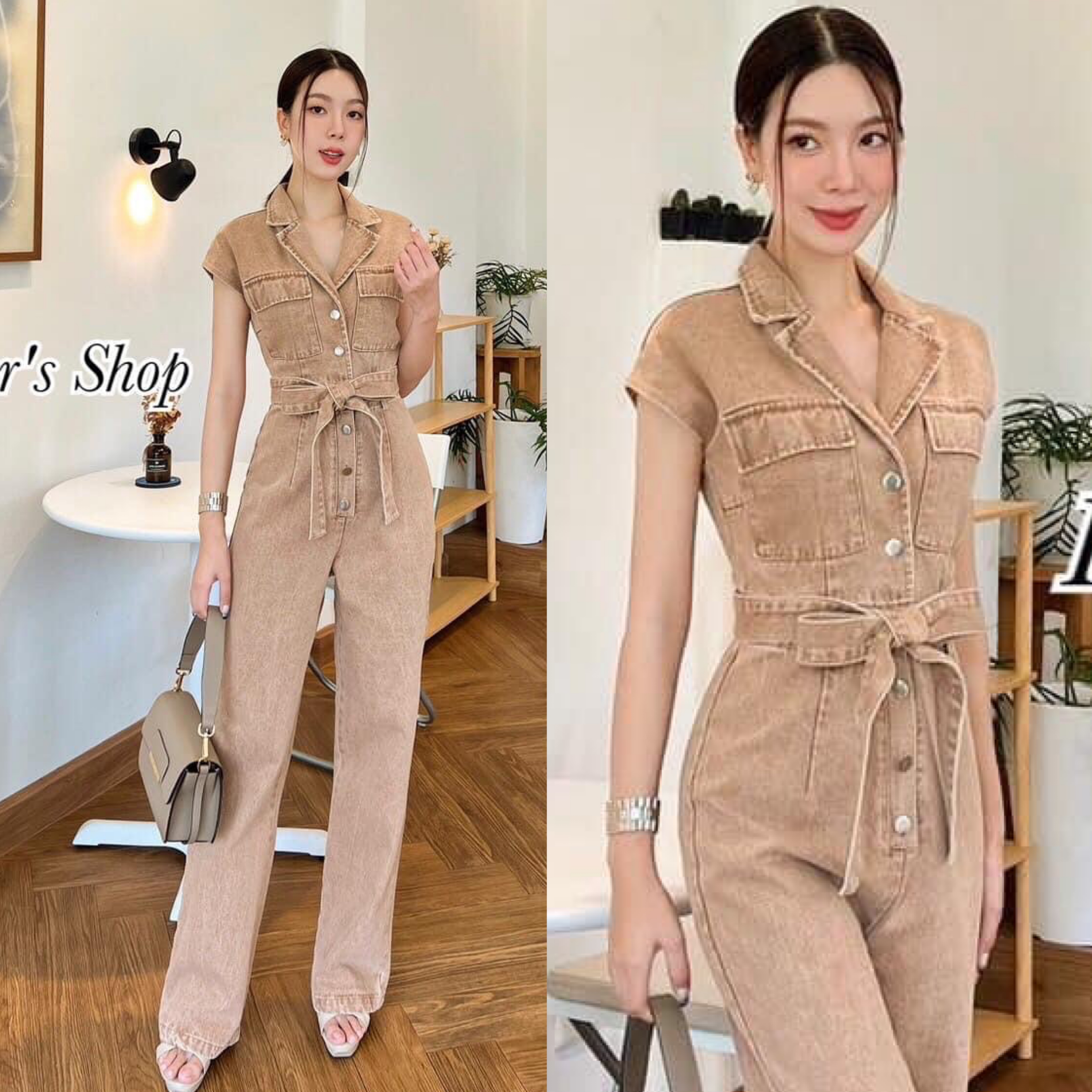 จั้มสูทยีนส์ขายาว ดีเทลคอปก กระดุมหน้า มาพร้อมเชือกผูกเอว ทรงขากระบอกกลาง เนื้อผ้ายีนส์ไม่ยืด สินค้าคุณภาพ (พร้อมส่ง)