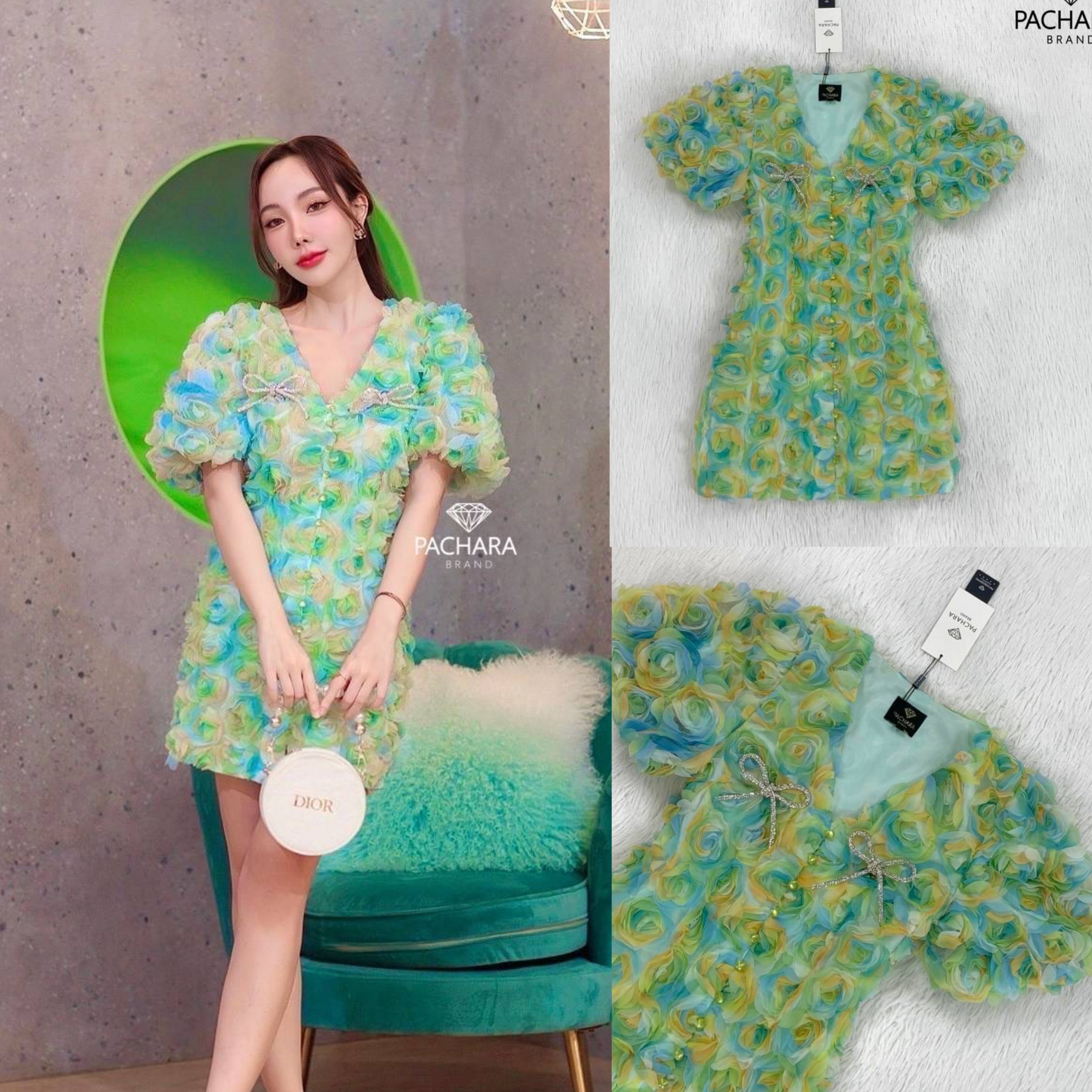 เดรสสั้นคอวีแขนตุ๊กตาสีเขียวพาสเทล ปักดอกกุหลาบ 3D อัดแน่นหลายร้อยดอกทั้งชุด มาพร้อมเข็มกลัดโบว์สีเงินสองข้าง ใส่สบาย สินค้าคุณภาพ (พร้อมส่ง)