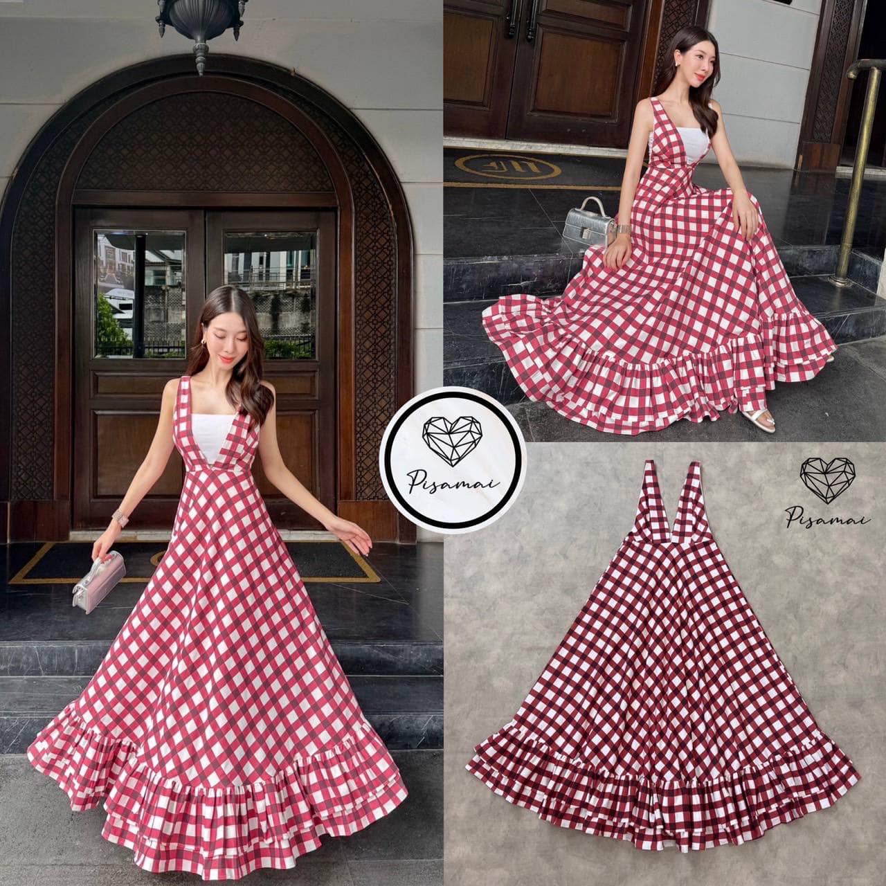 เดรสแขนกุดคอวีลึกลายสก็อตแดง ความกระโปรงเลเยอร์ฟูฟ่อง พร้อมซับในให้อย่างดี ใส่สบาย : สินค้าคุณภาพ (พร้อมส่ง)