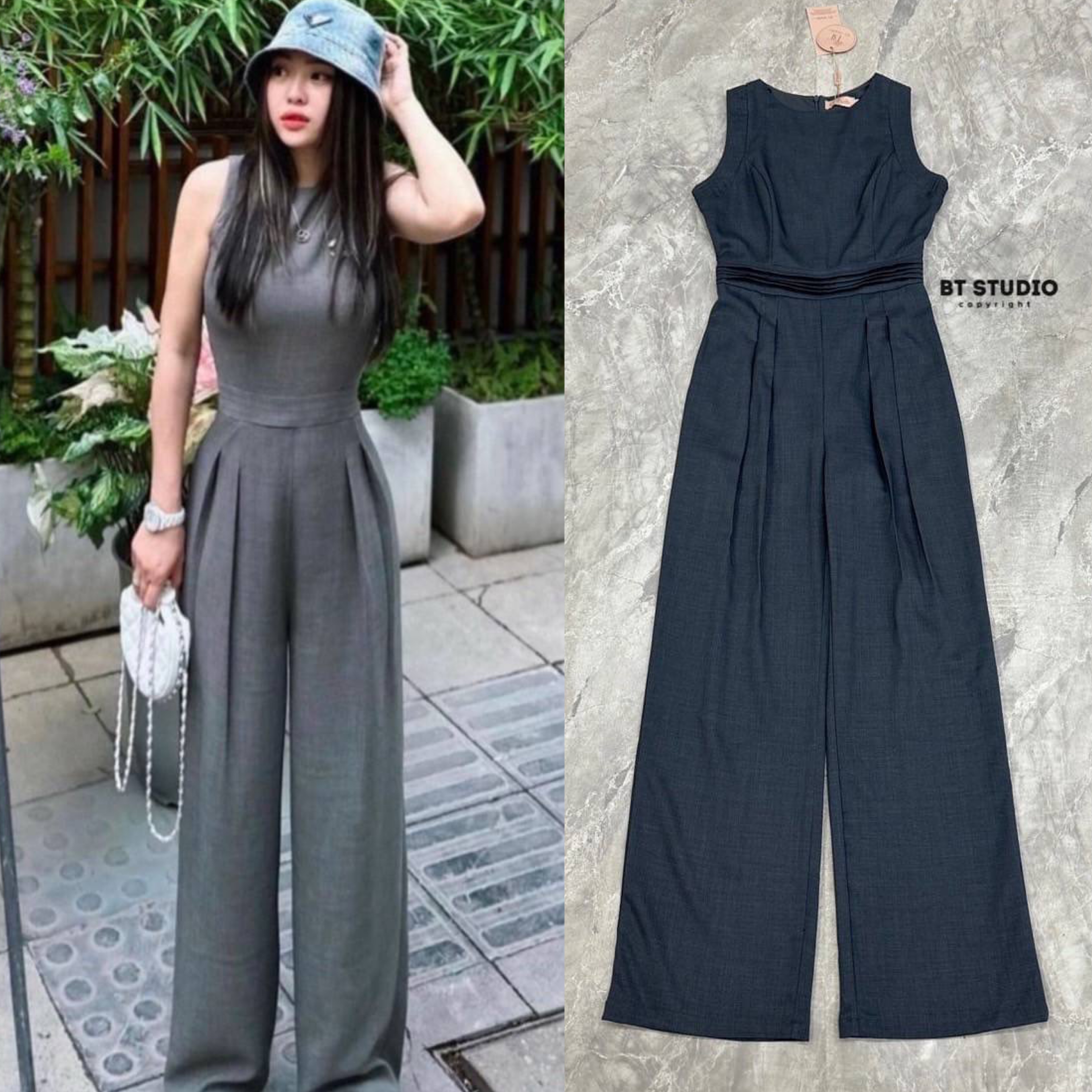 จั้มสูทแขนกุดสีเทา ตรงเอวแต่งแทบเป็นชั้น ๆ กางเกงขายาวจับจีบ ใส่สวยเป๊ะเข้ารูป สินค้าคุณภาพ (พร้อมส่ง)