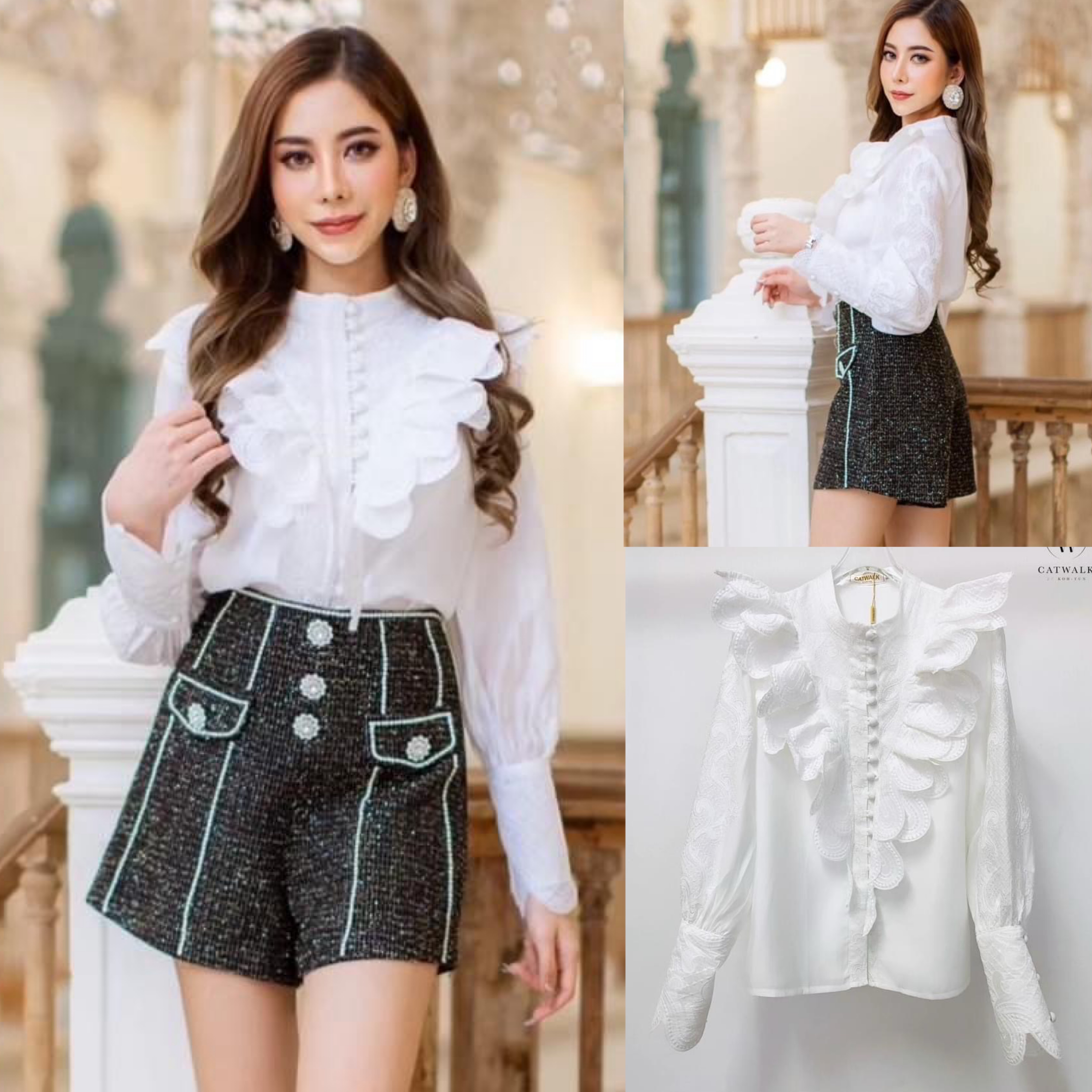 เสื้อแขนยาวแต่งระบายผ้าลูกไม้ เนื้อผ้าเกรดเอ ใส่สบาย : สินค้าคุณภาพ (พร้อมส่ง)