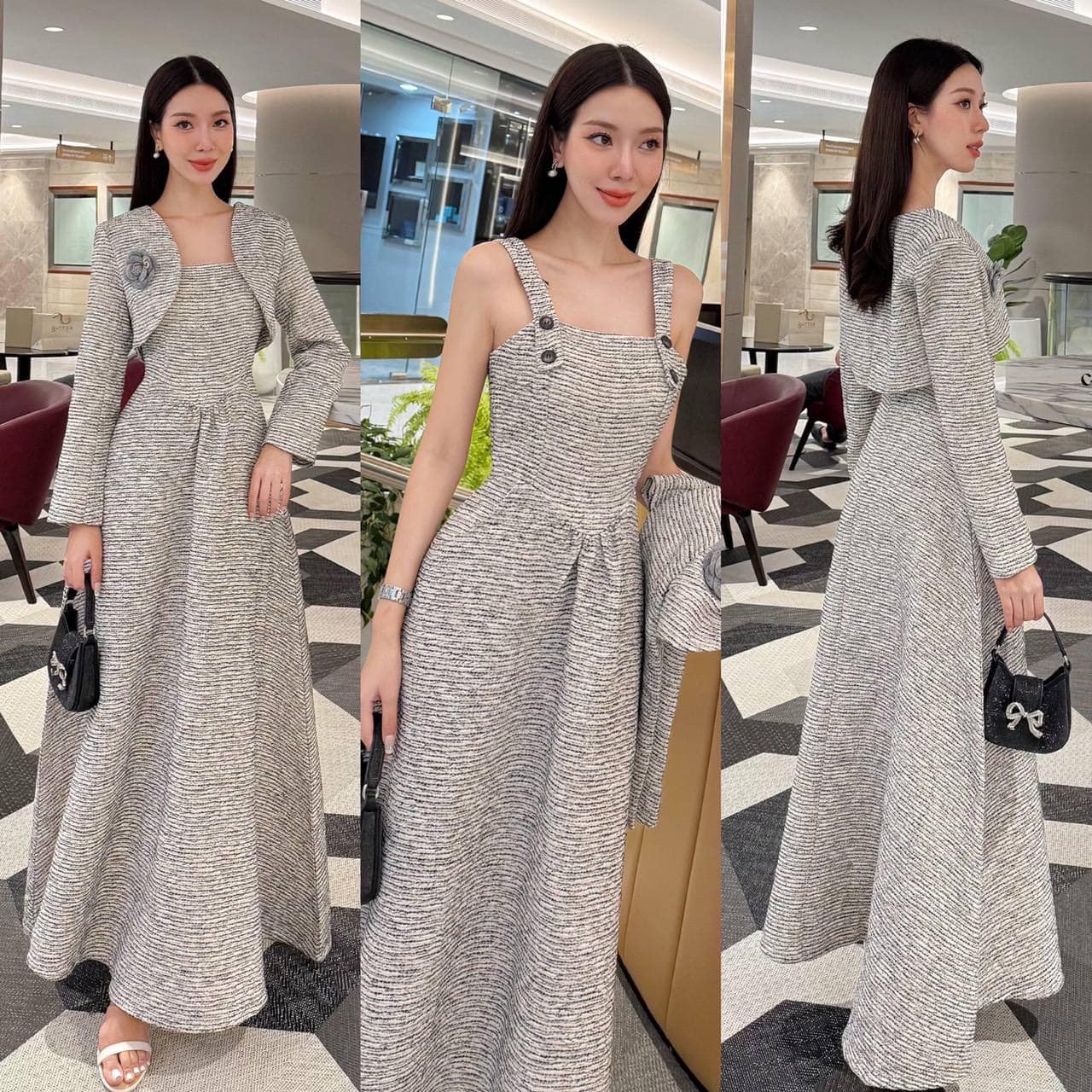 ชุดเซ็ท 3 ชิ้น เดรสยาว+เสื้อครอป+เข็มกลัดดอกไม้ ใส่สบาย : สินค้าคุณภาพ (พร้อมส่ง)