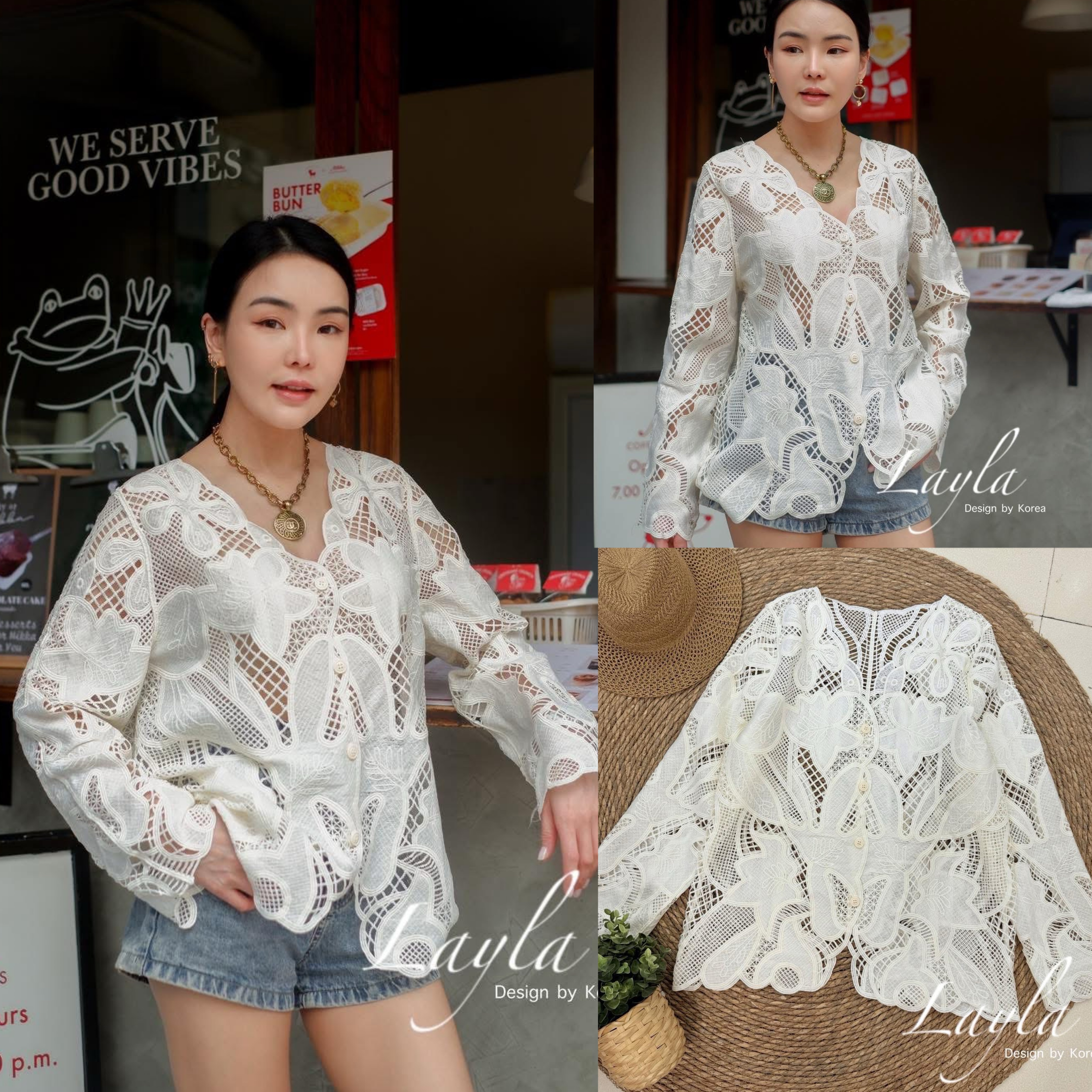 เสื้อคลุมลูกไม้ลายสวย ผ้าลูกไม้เนื้อดี ทรงสวย ตัวนี้ใส่เดี่ยวๆ หรือใส่เป็นคลุมก็สวย ใส่สบาย : สินค้าคุณภาพ (พร้อมส่ง)