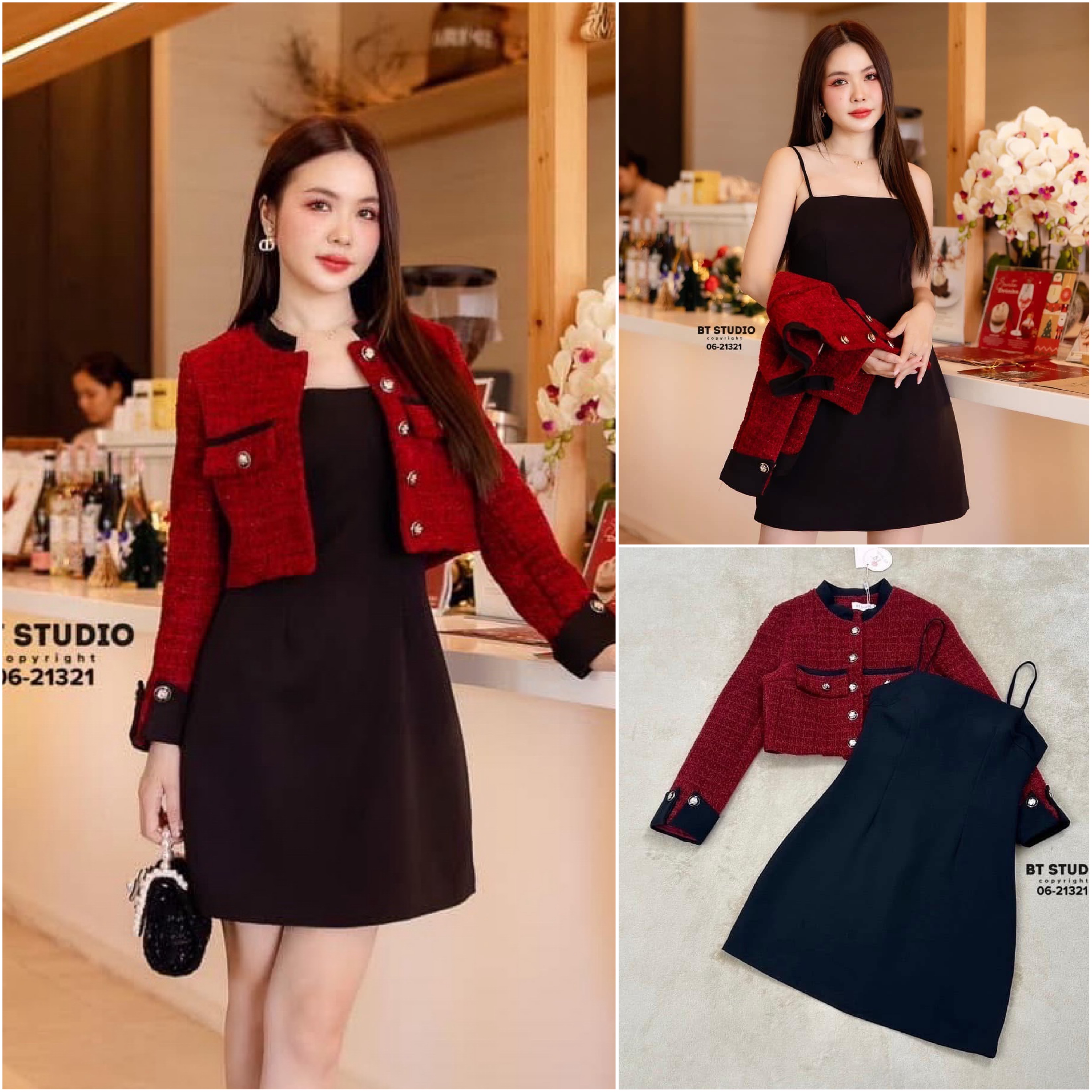 เซท 2 ชิ้น เสื้อทวิสต์แขนยาวคอกลม คอปกและขอบกระเป๋าปลายชายแขนแต่งสีดำพับ มาพร้อมเดรสสายเดี่ยวสั้น อกเสริมฟองน้ำ งานสวย มีซับใน ซิปหลังจ้า ใส่สบาย : สินค้าคุณภาพ (พร้อมส่ง)