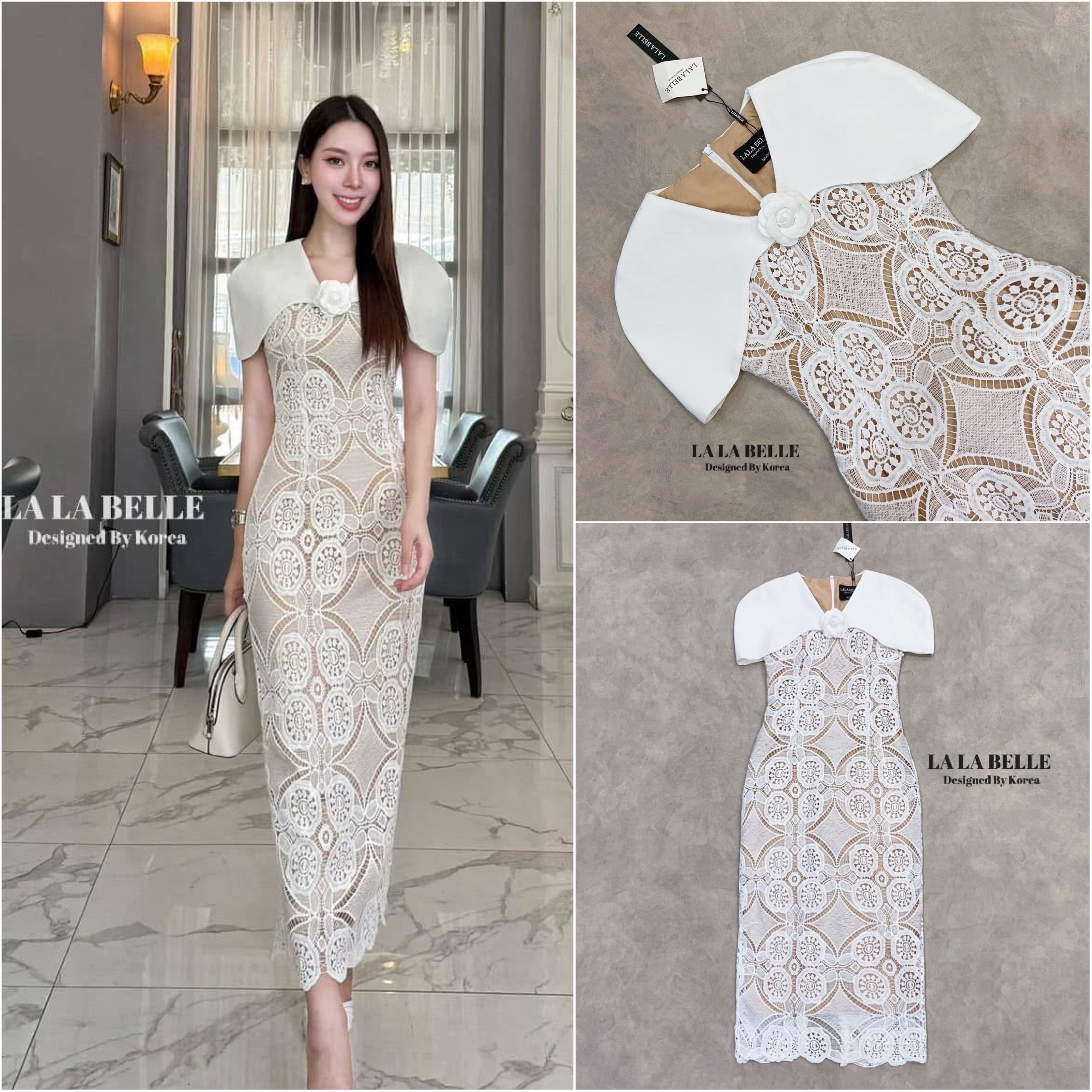 เดรสลูกไม้คลุมไหล่ช่วงคลุมไหล่เป็นผ้าสูทอัดกาวผ่าหลังยกแขนสะดวกแต่งดอกคามีเรียช่วงอกตัวชุดทรงสอบเข้ารูปเข้าทรงผ่าหลังมีซับใน ใส่สบาย : สินค้าคุณภาพ (พร้อมส่ง)