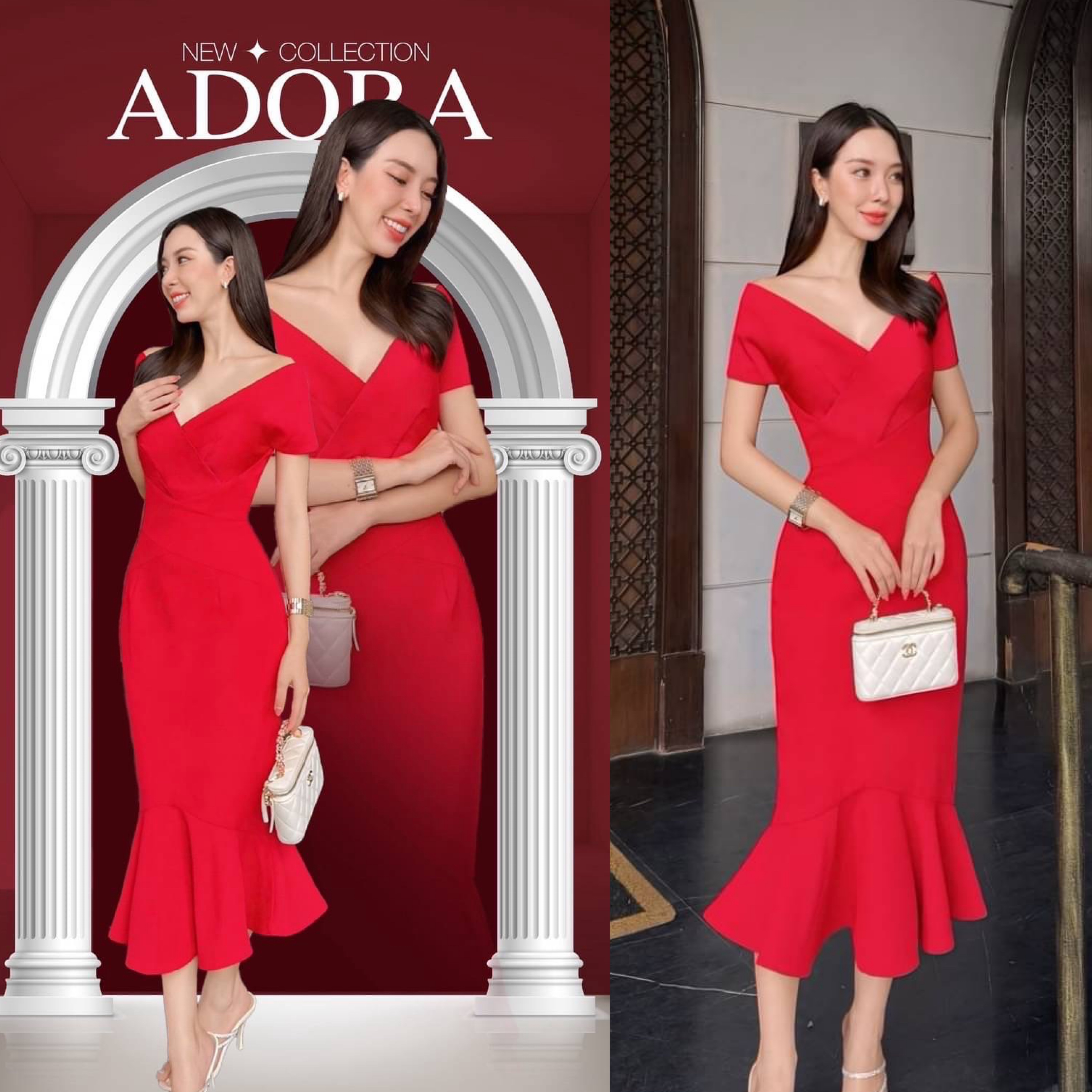 เดรสดีไซน์ปาดไหล่คอวี ช่วงอกตัดต่อผ้า เสริมฟองน้ำ ตัวเดรสใช้เนื้อผ้าเกรดพรีเมี่ยมทั้งตัว ดีไซน์กระโปรงทรงสอบแต่งระบายหางปลาปลายเดรส งานมีซับใน ซิปหลัง ใส่สบาย : สินค้าคุณภาพ (พร้อมส่ง)