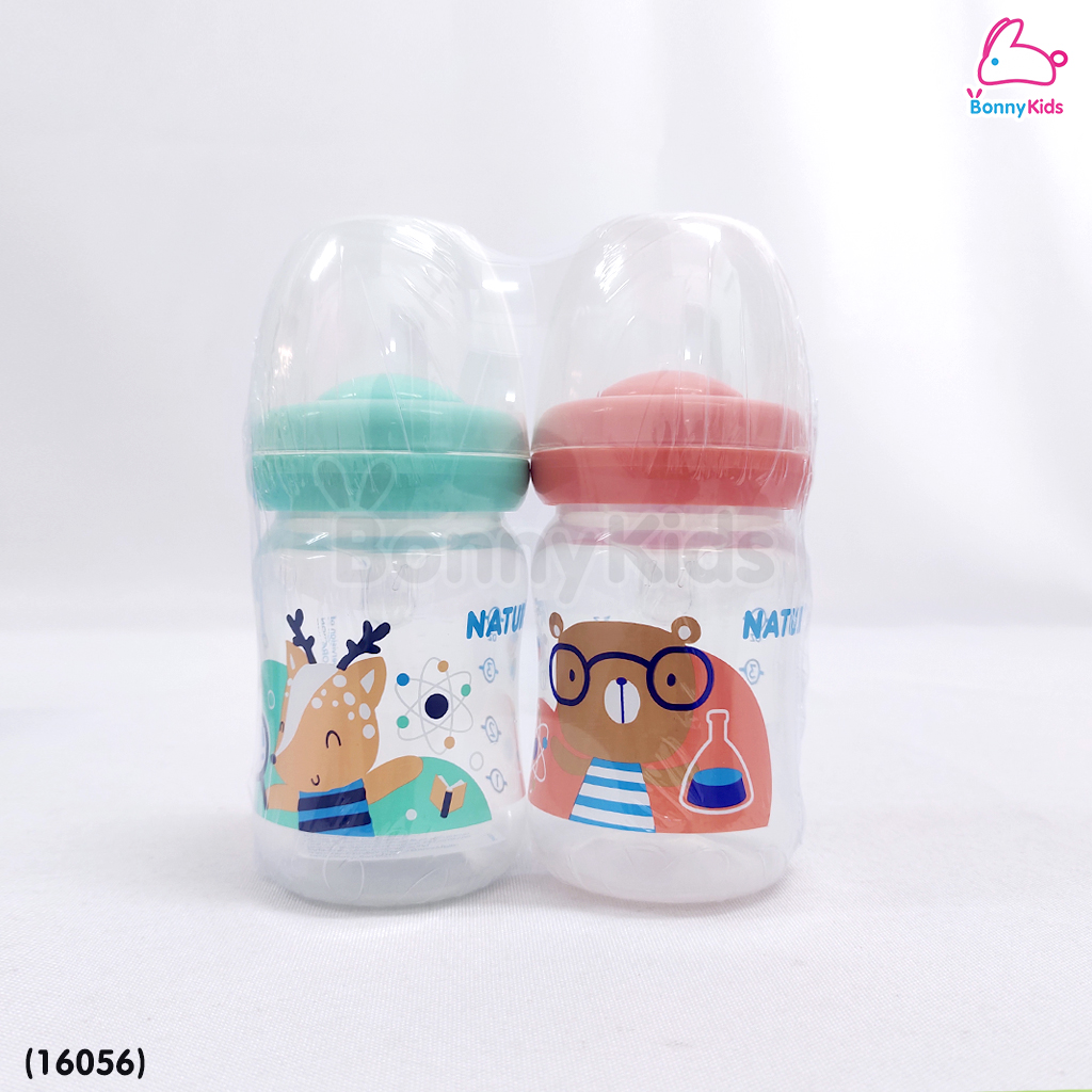 (16056) NATUR (เนเจอร์) SMILE ขวดนมเนเจอร์ ขวดคอกว้าง พร้อมจุกนิ่มดูดสบาย แพ็ค 2 ขวด ขนาด 4oz. (คละลาย)