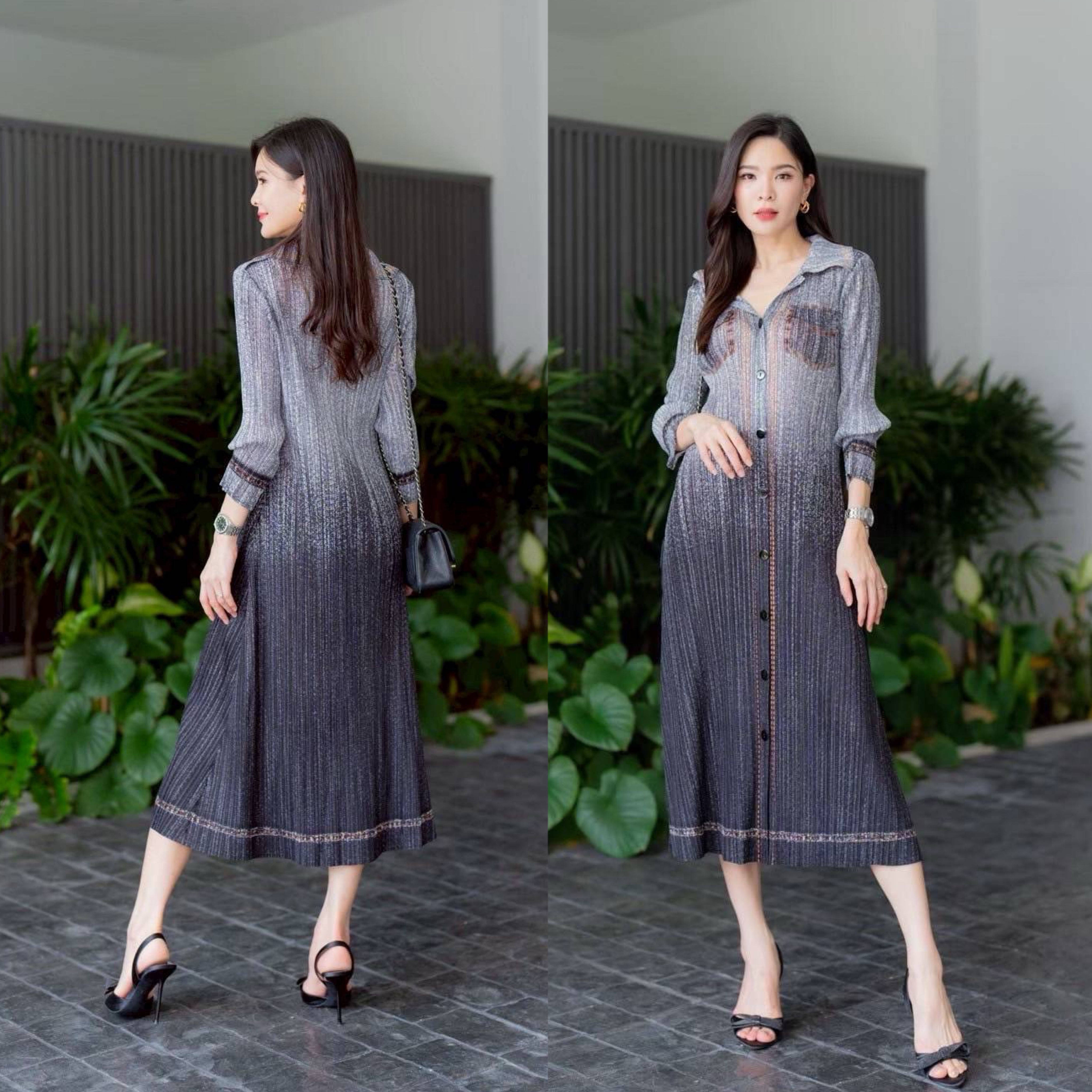 เดรสคลุมเข่า ทรงคอปก แขนสั้น แพทเทิร์นอัดพลีทเข้าเคิร์ฟ ทรงสวย Premium 👍🏻 พิมพ์ลายยีนส์ ทั้งตัว ดีเทลแน่นๆ ใส่สบาย : สินค้าคุณภาพ (พร้อมส่ง)