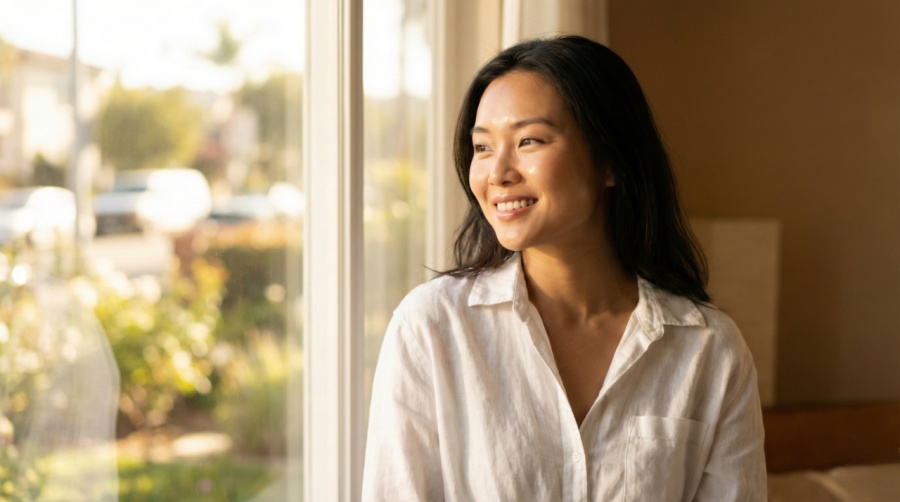 หญิงสาวเอเชียผิวใสยิ้มรับแสงแดดยามเช้าอย่างมั่นใจ สื่อถึงผิวแข็งแรงด้วยวิตามินซี