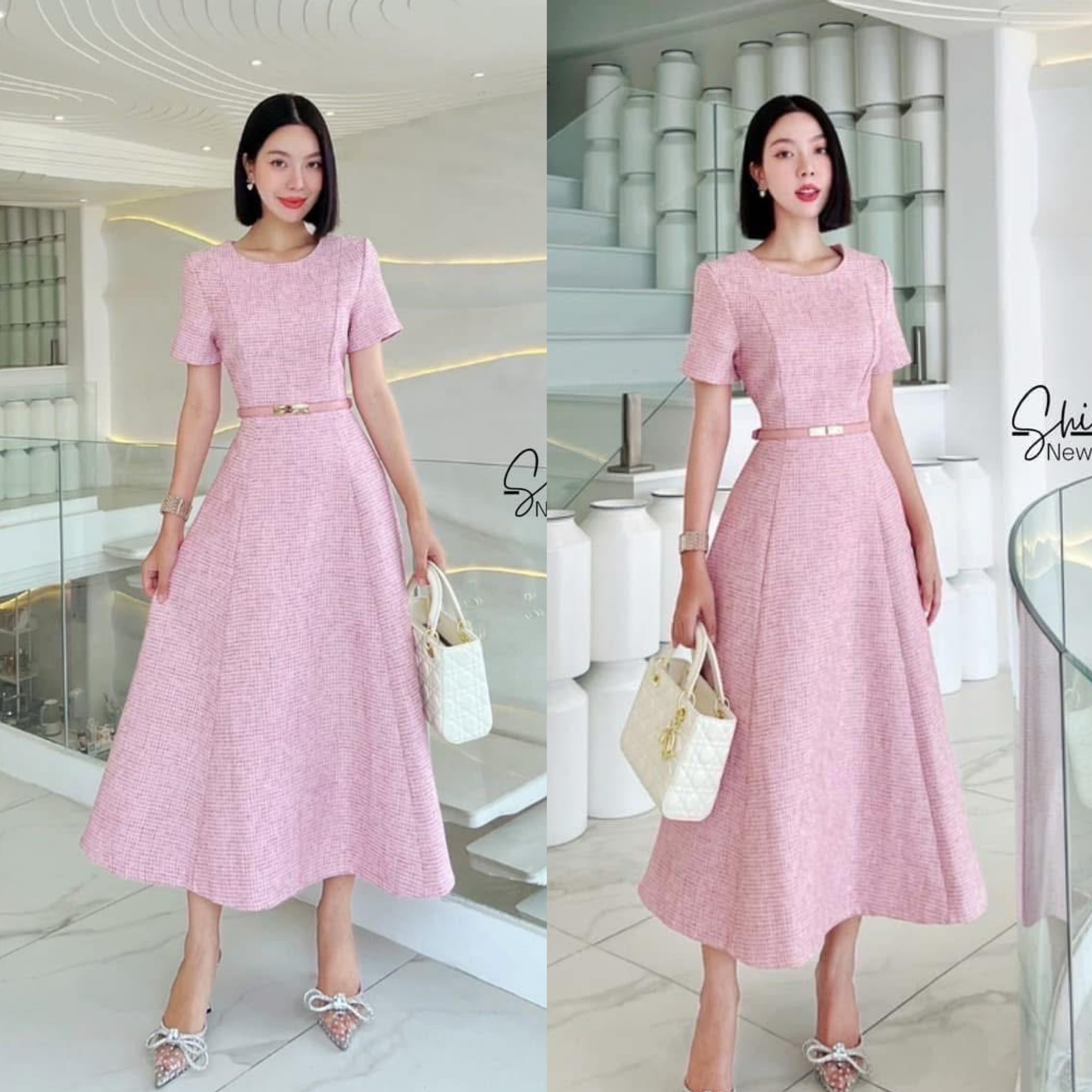 มิดิเดรสผ้าทวีดดีไซน์สุดคลาสสิค มาพร้อมเข็มขัดเข้าเซต ใส่สบาย : สินค้าคุณภาพ (พร้อมส่ง)