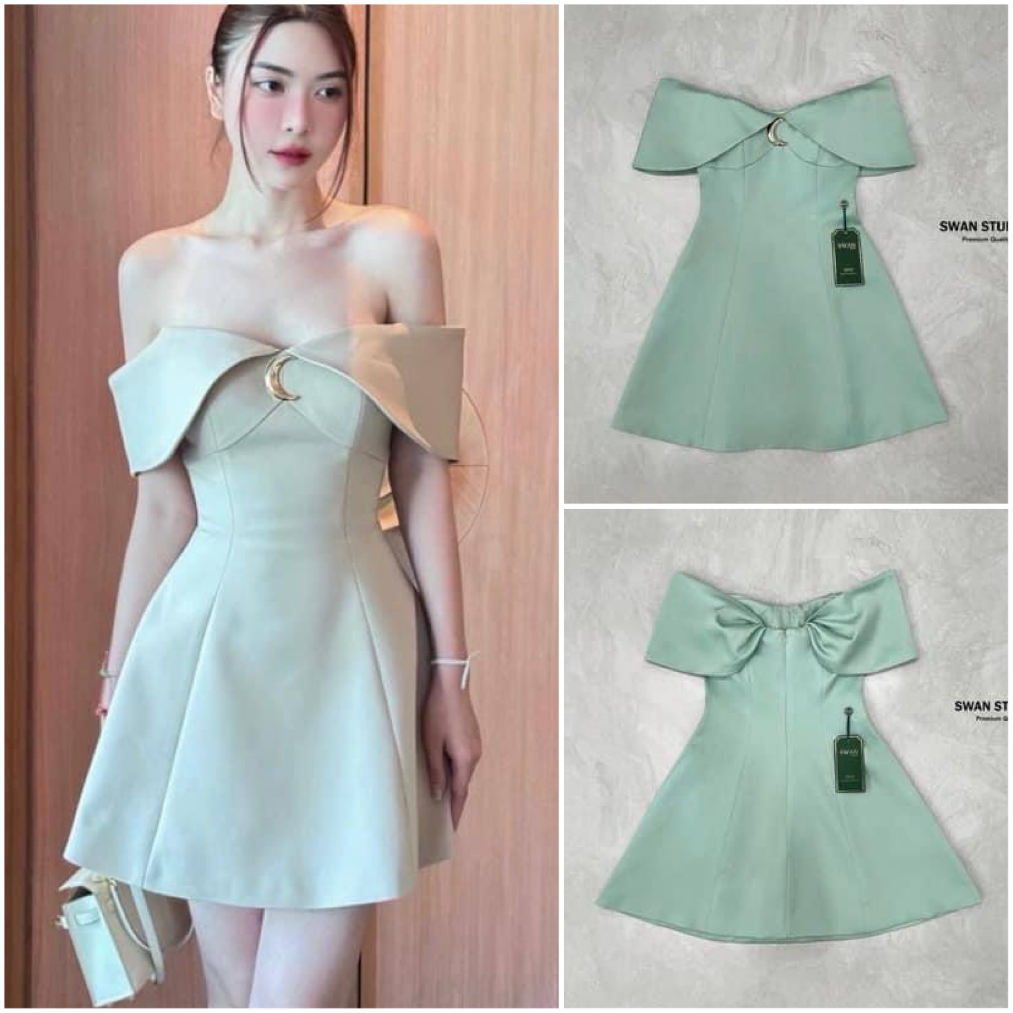เดรสปาดไหล่สีเขียวพาสเทล เอวเข้ารูป สะโพกบานนิดๆ มีเข็มกัดรูปพระจันทร์ครึ่งเสี้ยว ใส่สบาย สินค้าคุณภาพ (พร้อมส่ง)