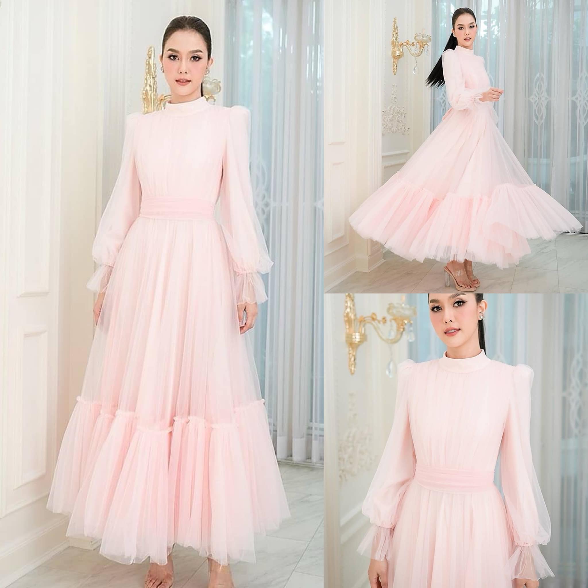 แม็กซี่เดรสเสื้อคอปีนแขนยาว กระโปรงบาน ต่อชายรูดระบายรอบตัว มีโบว์ผูกเอว คัตติ้ง ประณีต ใส่สบาย สินค้าคุณภาพ (พร้อมส่ง)