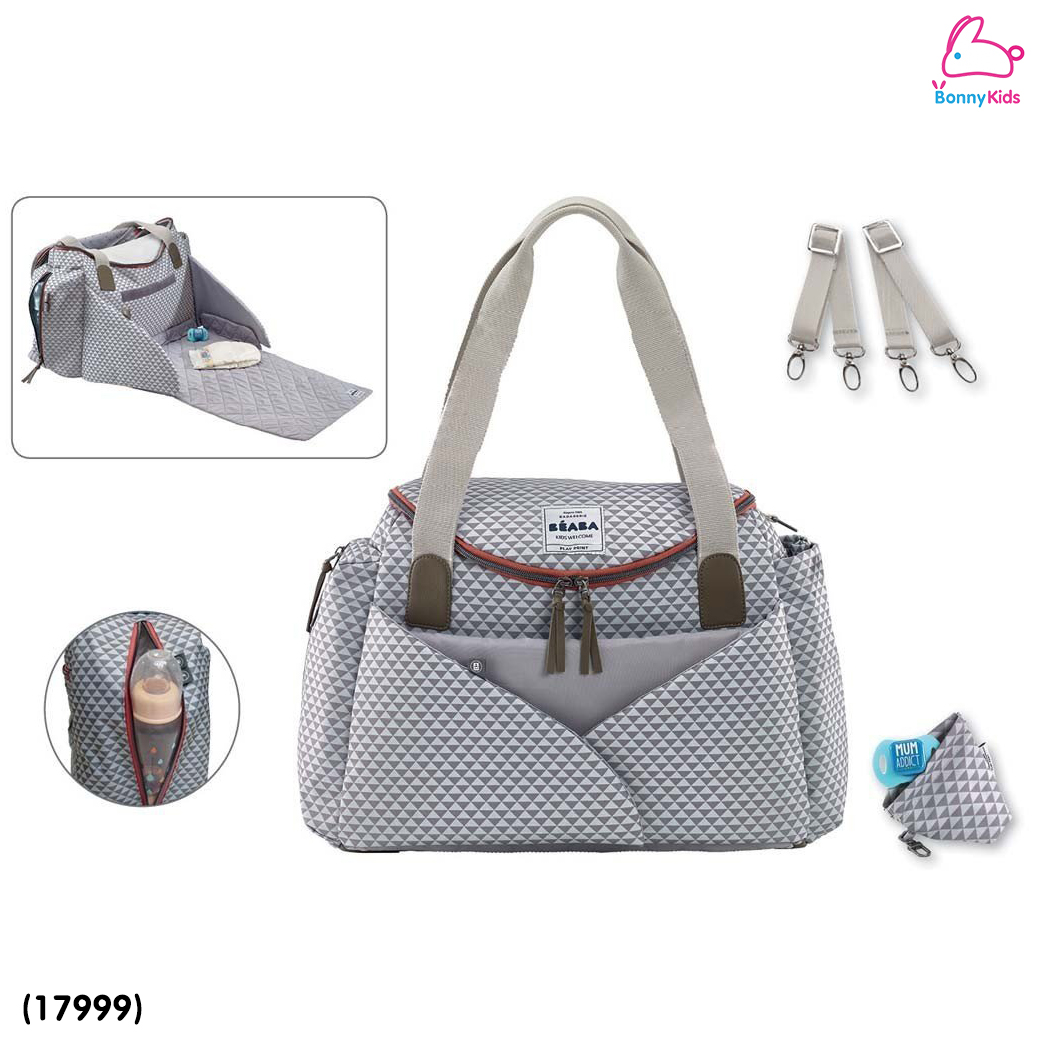 (17999) BEABA (เบียบา) SYDNEY II CHANGING BAG "PLAY PRINT" กระเป๋าสัมภาระ พร้อมเปลี่ยนผ้าอ้อม (สี GREY /CORAL)