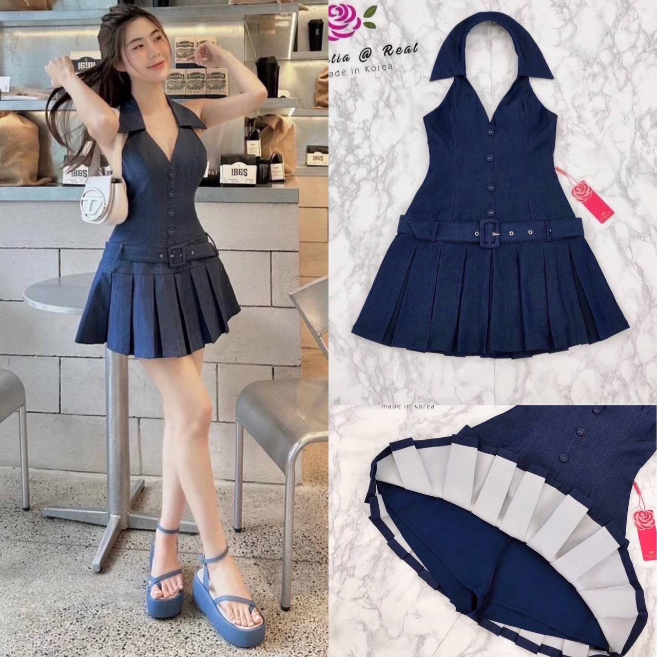 Dress :: เดรสคล้องคอตัวสั้นสวยทรงดีสุด Cute คอปกเก๋ อกเสริมฟองเป็นทรงสวย ด้านหลังซิปยาว แต่งเข็มขัด ชายเดรสจับจีบสวยเด้ง ด้านในซับกางเกงขาสั้น สินค้าคุณภาพ (พร้อมส่ง)