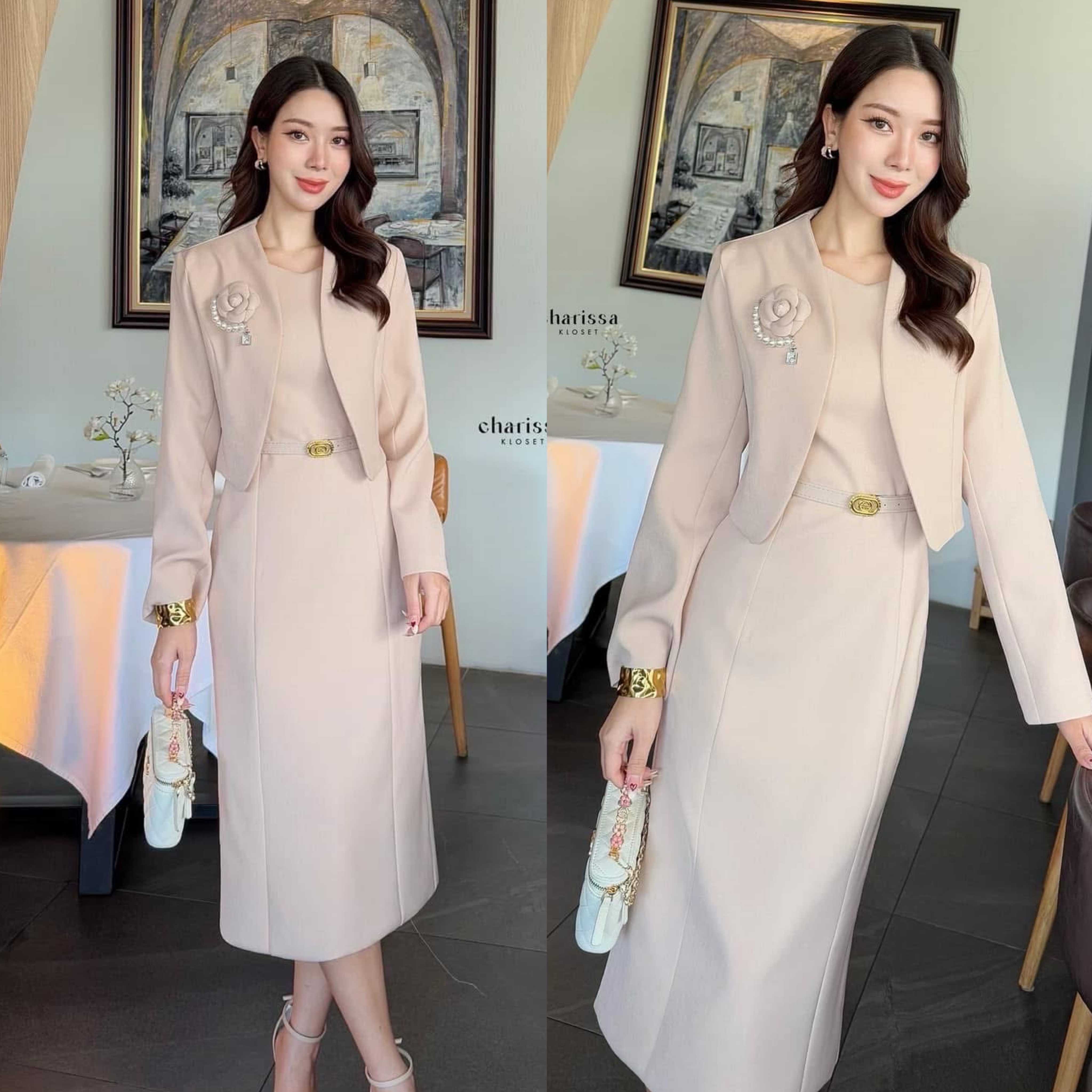 Set 4 ชิ้น เดรส เสื้อคลุม เข็มกลัด และเข็มขัด เดรสทรงสอบมาพร้อมเสื้อครอป เข็มขัด แถมฟรีเข็มกลัดดอกไม้ ใส่สบาย : สินค้าคุณภาพ (พร้อมส่ง)