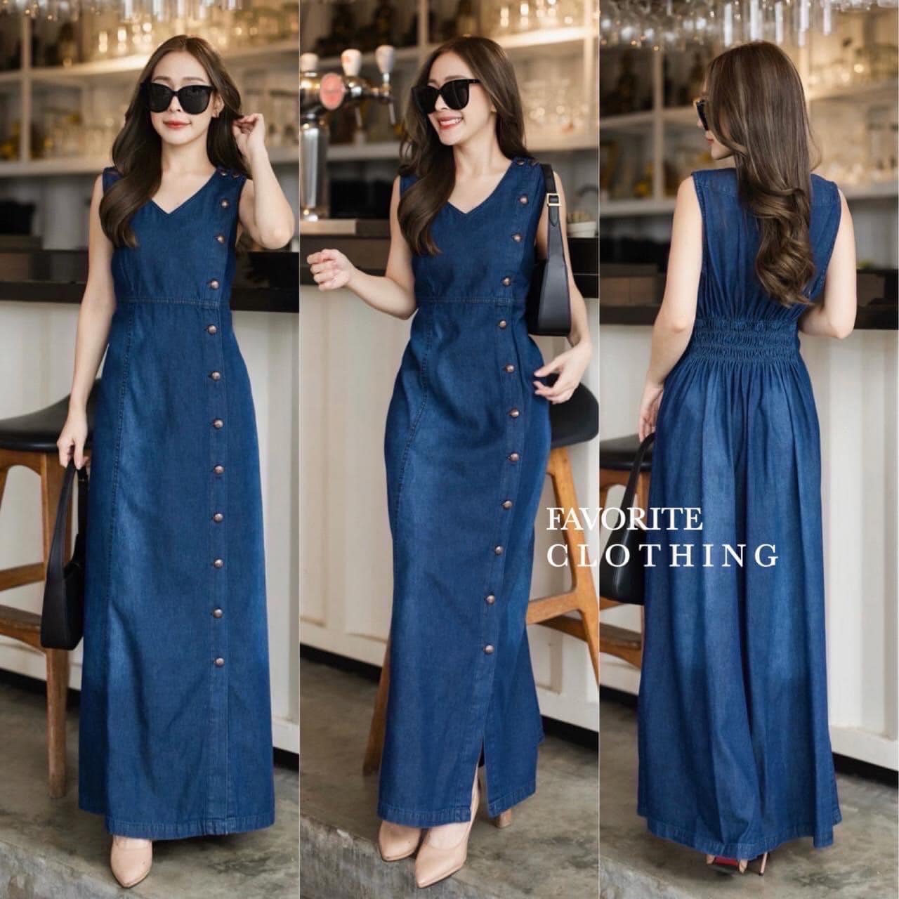 แม็กซี่เดรสยีนส์แขนกุดคอวี สินค้าคุณภาพ (พร้อมส่ง)