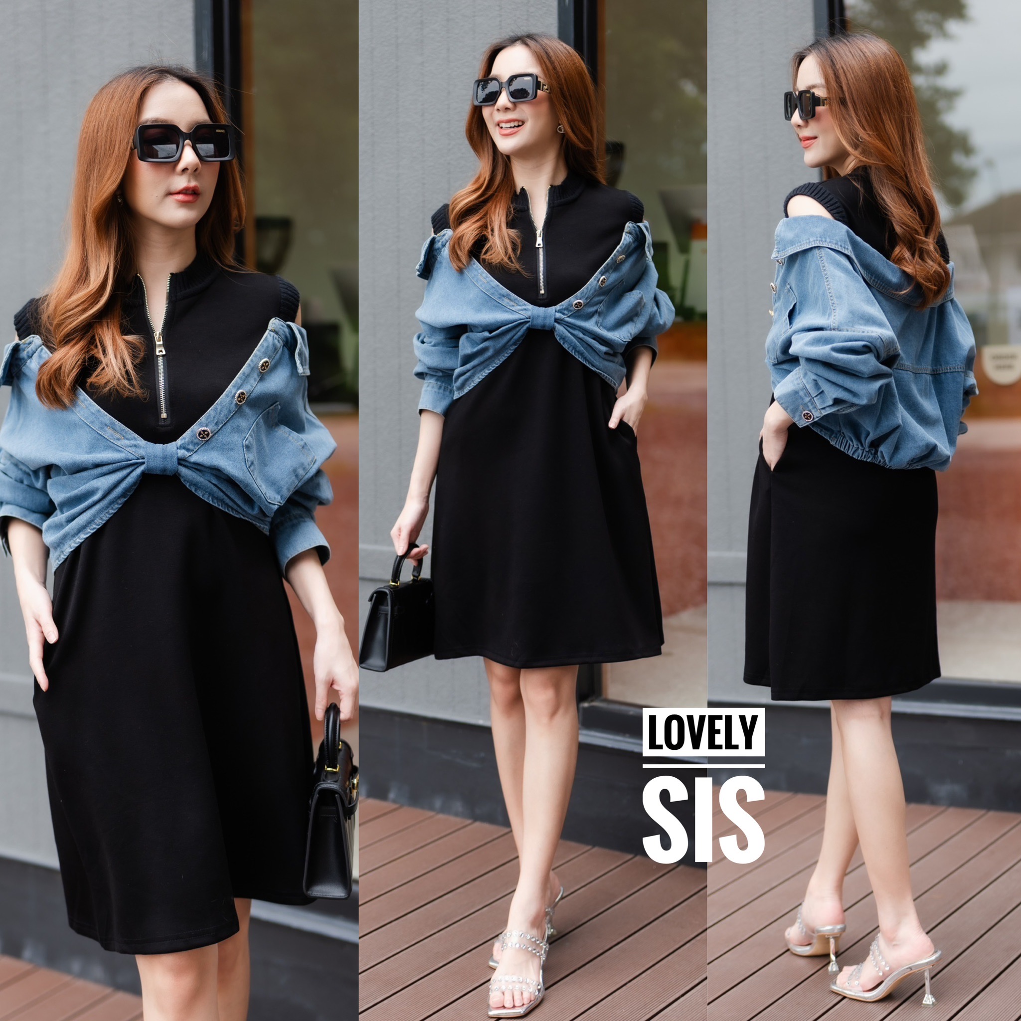 เดรสผ้ายืดเนื้อดีผ้านุ่มอย่างดี เย็บกุ๊นขอบ ผ้าไหมพรมช่วงคอและขอบแขน แต่งซิปรูด เย็บต่อผ้ายีนส์เหมือนใส่เสื้อคลุมแขนยาว ตัวนอก สินค้าคุณภาพ (พร้อมส่ง)