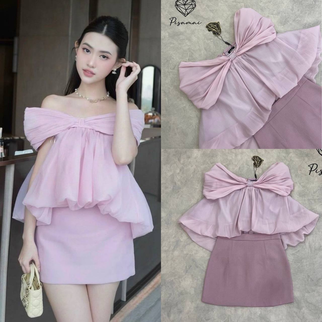 เซ็ตปาดไหล่สีครีมแต่งโบว์อกทรงแขนบอลลูนมาคู่กับกระโปรงสอบสั้นใส่สวย สินค้าคุณภาพ (พร้อมส่ง)