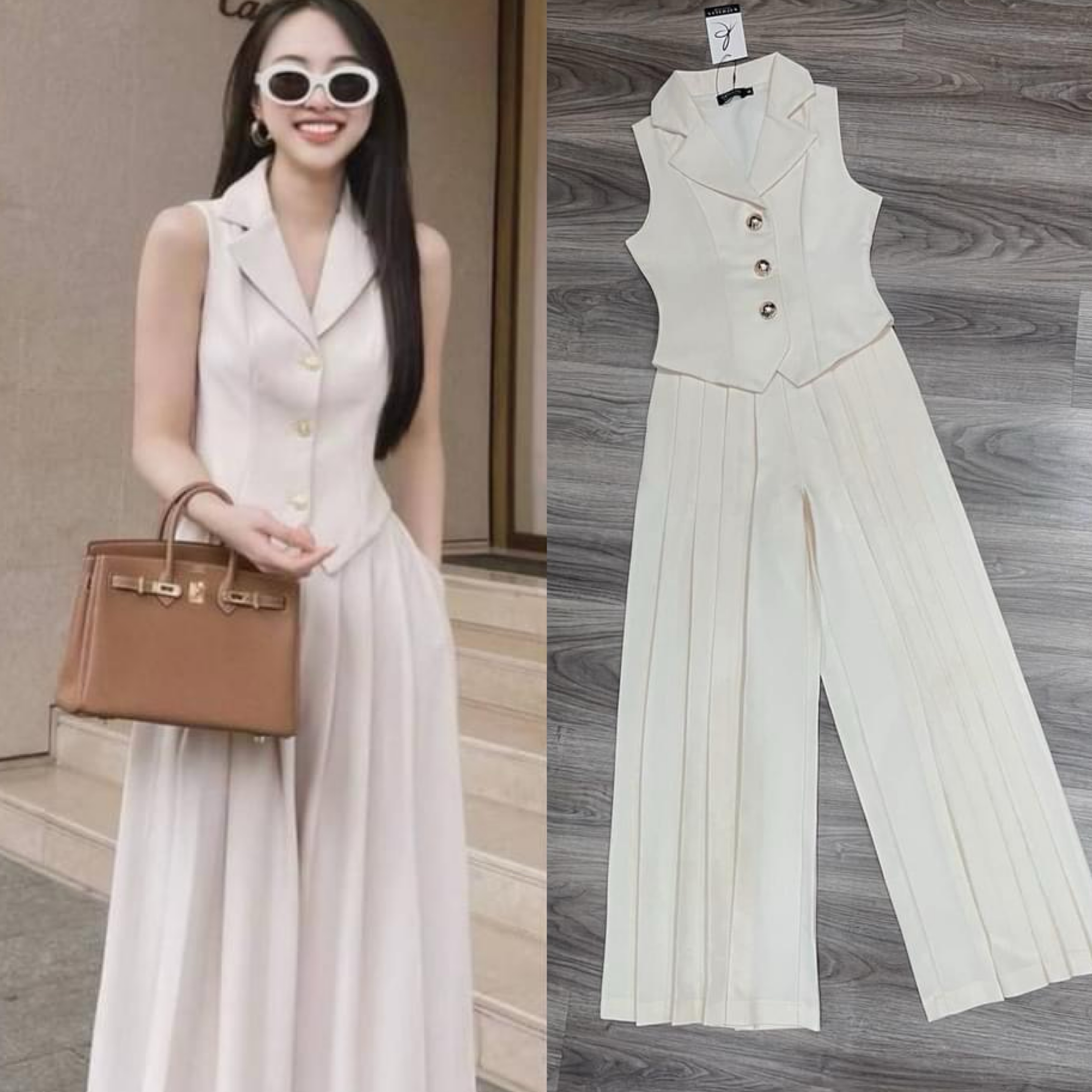 ชุดเซต เสื้อคอปกทรงสูท แขนกุด ทรงพอดีตัว คู่กับกางเกงขายาวทรงสวย แต่งจีบที่กางเกง สวยหรู ใส่สบาย สินค้าคุณภาพ (พร้อมส่ง)