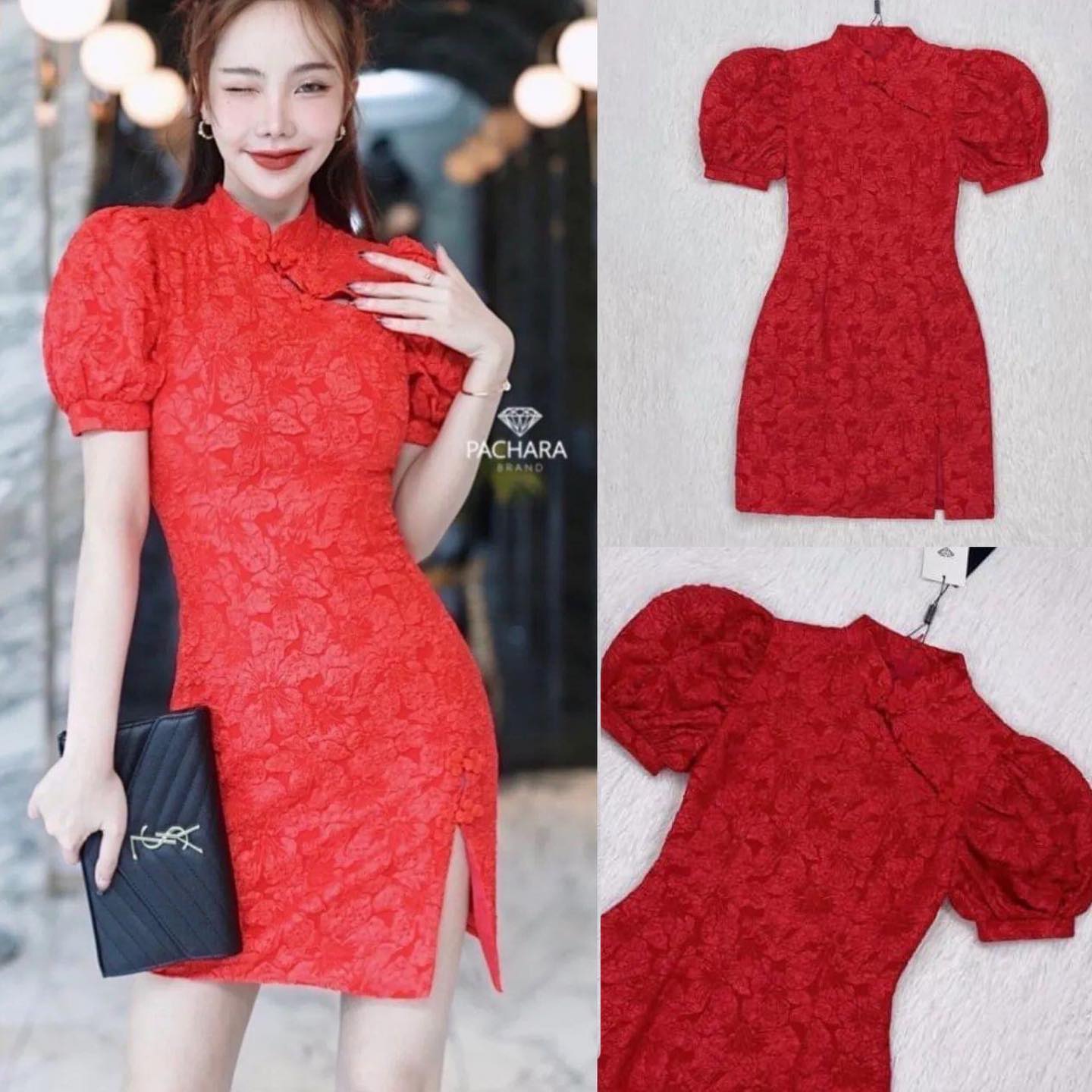 เดรสกี่เพ้าแขนตุ๊กตาสีแดง เนื้อผ้าหนาทอลายดอกไม้สวยมาก ช่วงเอวเข้ารูป ชายกระโปรงผ่าด้านข้าง งานซิปด้านหลัง มีซับในอัดกาวอย่างดี สินค้าคุณภาพ (พร้อมส่ง)