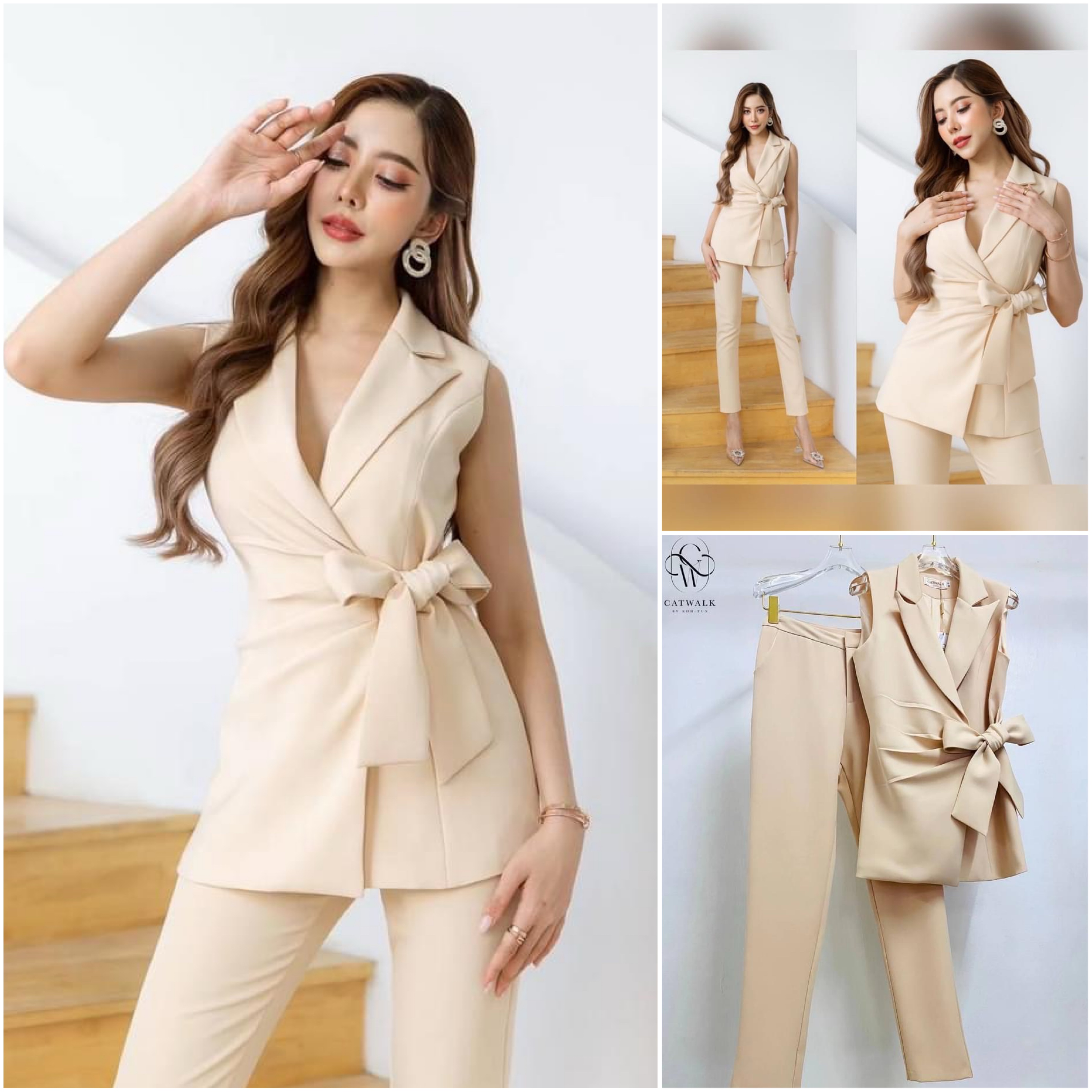 เซตเสื้อสูทแขนกุดผูกโบว์เอว +กางเกงขากระบอกเล็ก เนื้อผ้าสวย เนื้อนุ่ม ใส่สบาย ใส่สบาย สินค้าคุณภาพ (พร้อมส่ง)