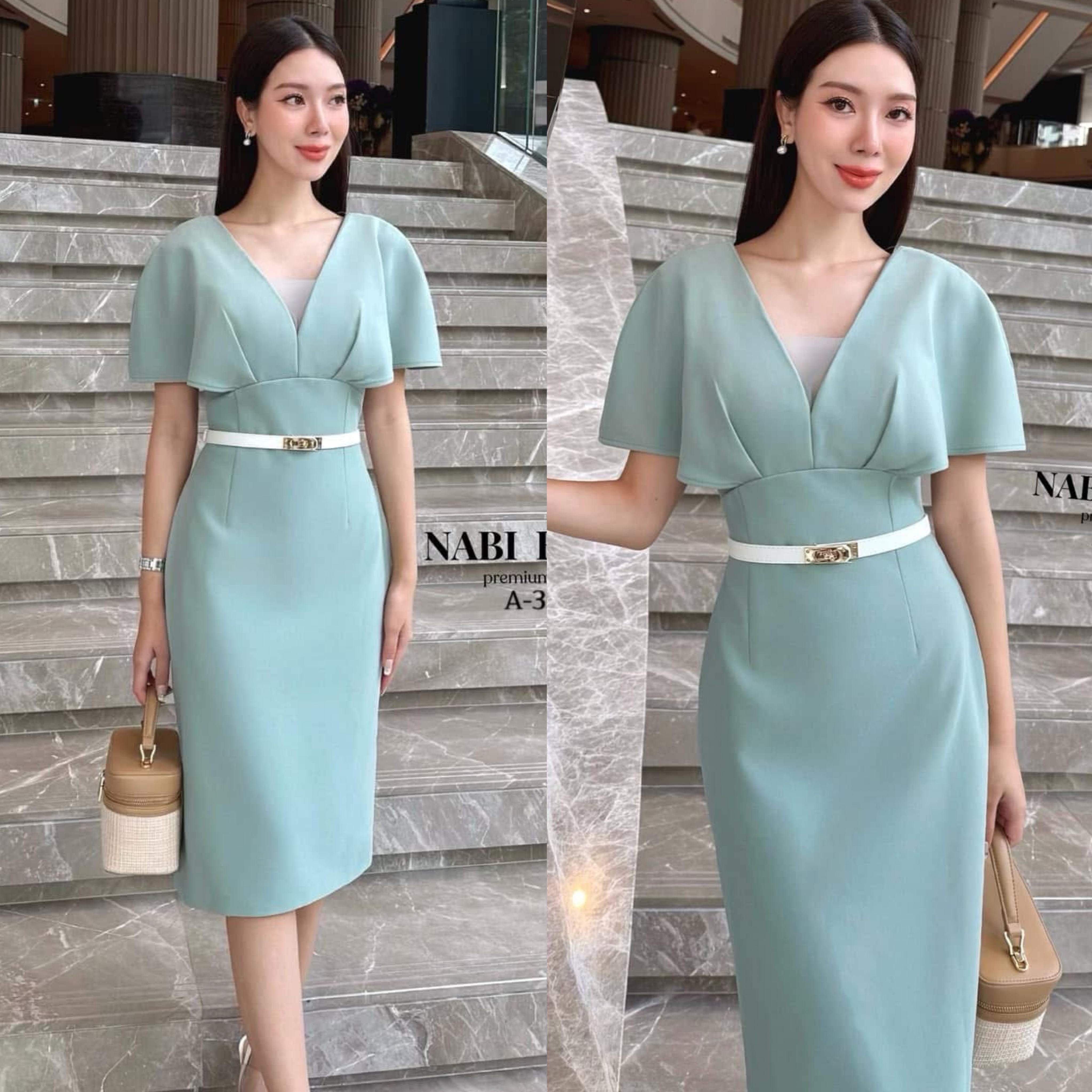 เดรสปิดแขน ทรงคอวี ช่วงอกแต่งผ้าซีทรู ผ่าด้านหลัง เดรสทรงสวย ลุคผู้ดี ช่วงอกเสริมฟองน้ำ มีซับในอย่างดี มาพร้อมเข็มขัดสีขาว ใส่แมทส์กันสวย ใส่สบาย : สินค้าคุณภาพ (พร้อมส่ง)