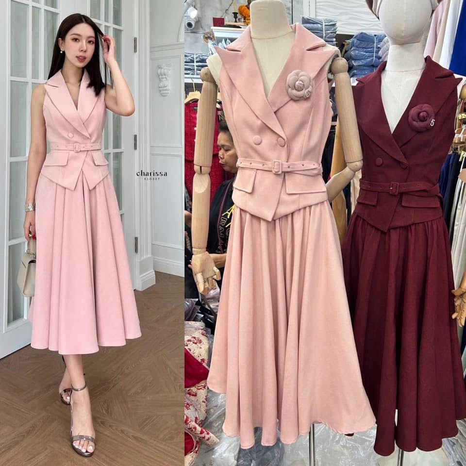 ชุดเซ็ท4ชิ้น เสื้อแขนกุด+กระโปรงยาว เข็มขัด และเข็มกลัดดอกไม้ ใส่สบาย : สินค้าคุณภาพ (พร้อมส่ง)