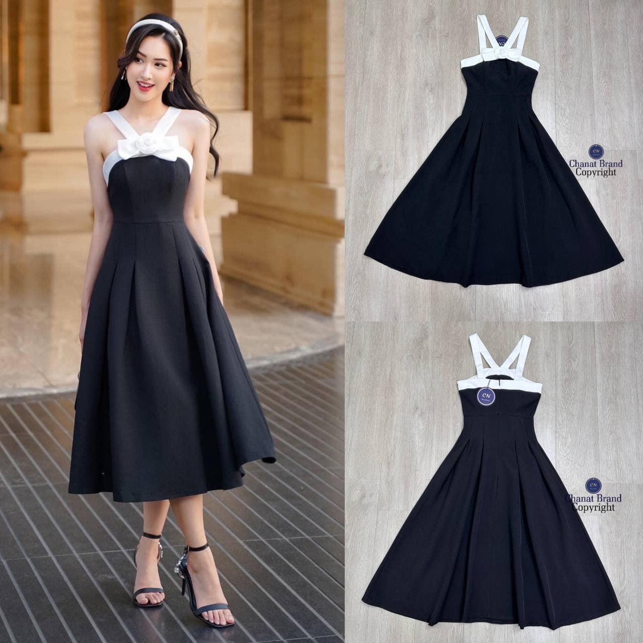 เดรสยาวสีดำดีเทลกุ๊นขาวสายคาดไหล่ อกแต่โบว์และเข็มกลัดดอกไม้เด่นสวย ใส่สบาย : สินค้าคุณภาพ (พร้อมส่ง)