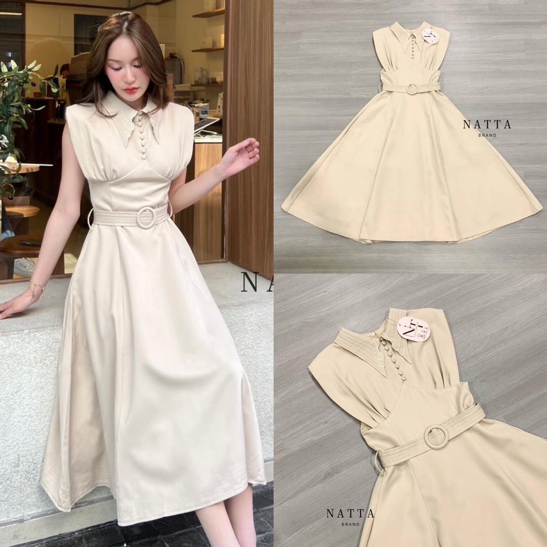 ชุด 2 ชิ้น เดรสยาวแขนกุดสีครีม พร้อมเข็มขัดผ้า งานซิปด้านหลัง เสริมฟองน้ำบ่าให้ทรงสวยมากขึ้น ผ้าอย่างดี สินค้าคุณภาพ (พร้อมส่ง)