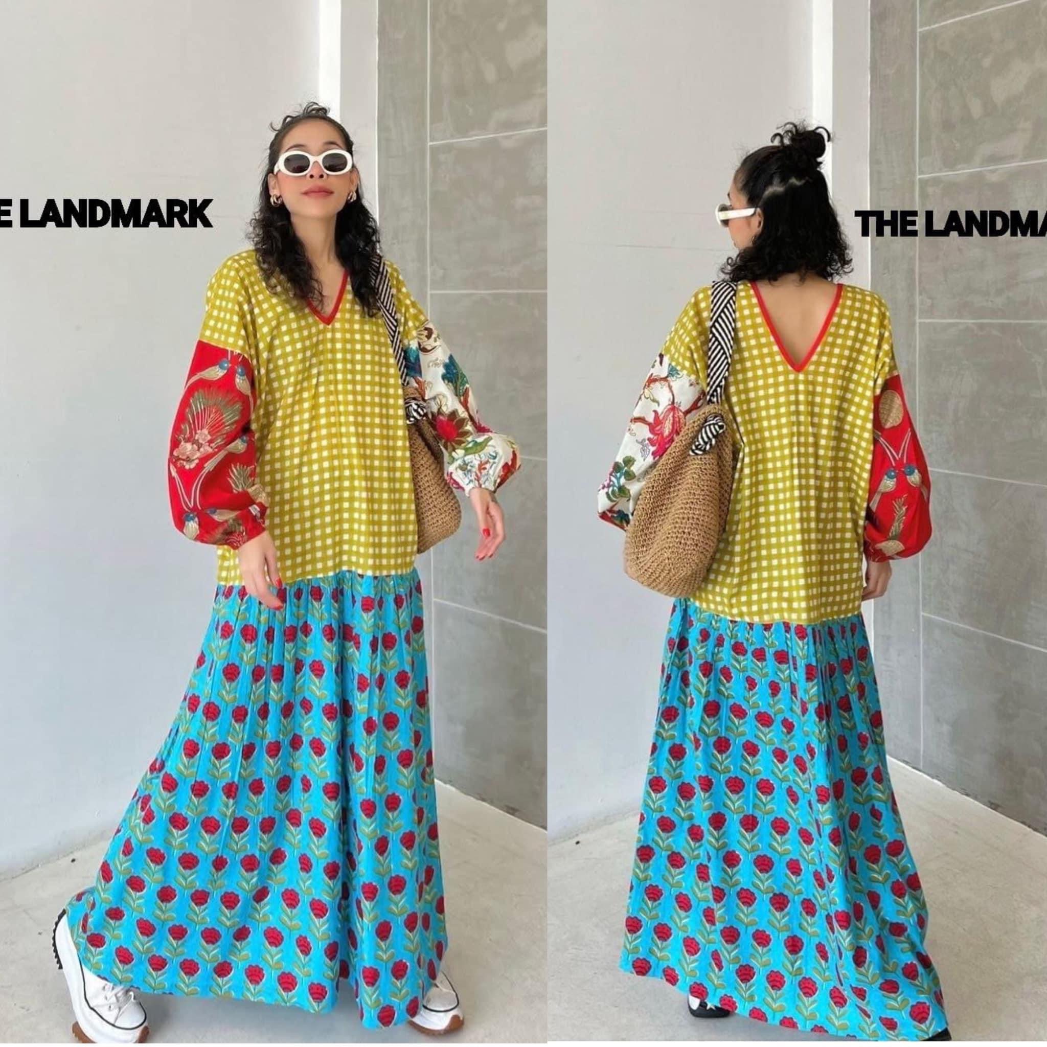 เดรสผ้าบล็อคคอทตอลอินเดีย ดีไซน์คอวีหน้า~หลัง กุ๊นคอ แขนยาวสม็อคปลายแขน ต่อลาย แพทเทิร์นทรงปล่อย ใส่สบาย ใส่สบาย : สินค้าคุณภาพ (พร้อมส่ง)