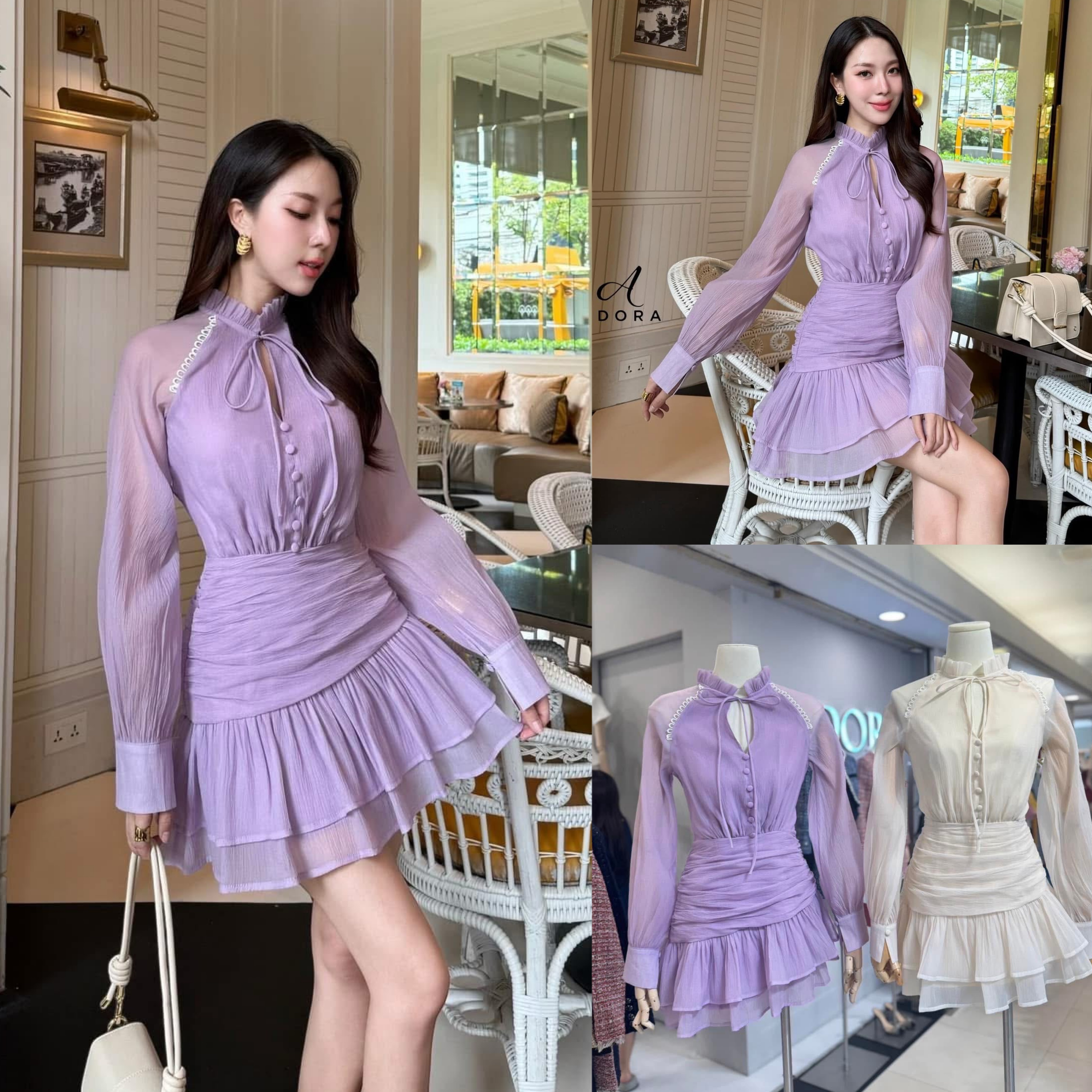 มินิเดรสแขนยาว ดีไซน์คอปีน แต่งกระดุมหน้า ช่วงคอเสื้อ ผูกโบว์ ใส่สบาย : สินค้าคุณภาพ (พร้อมส่ง)