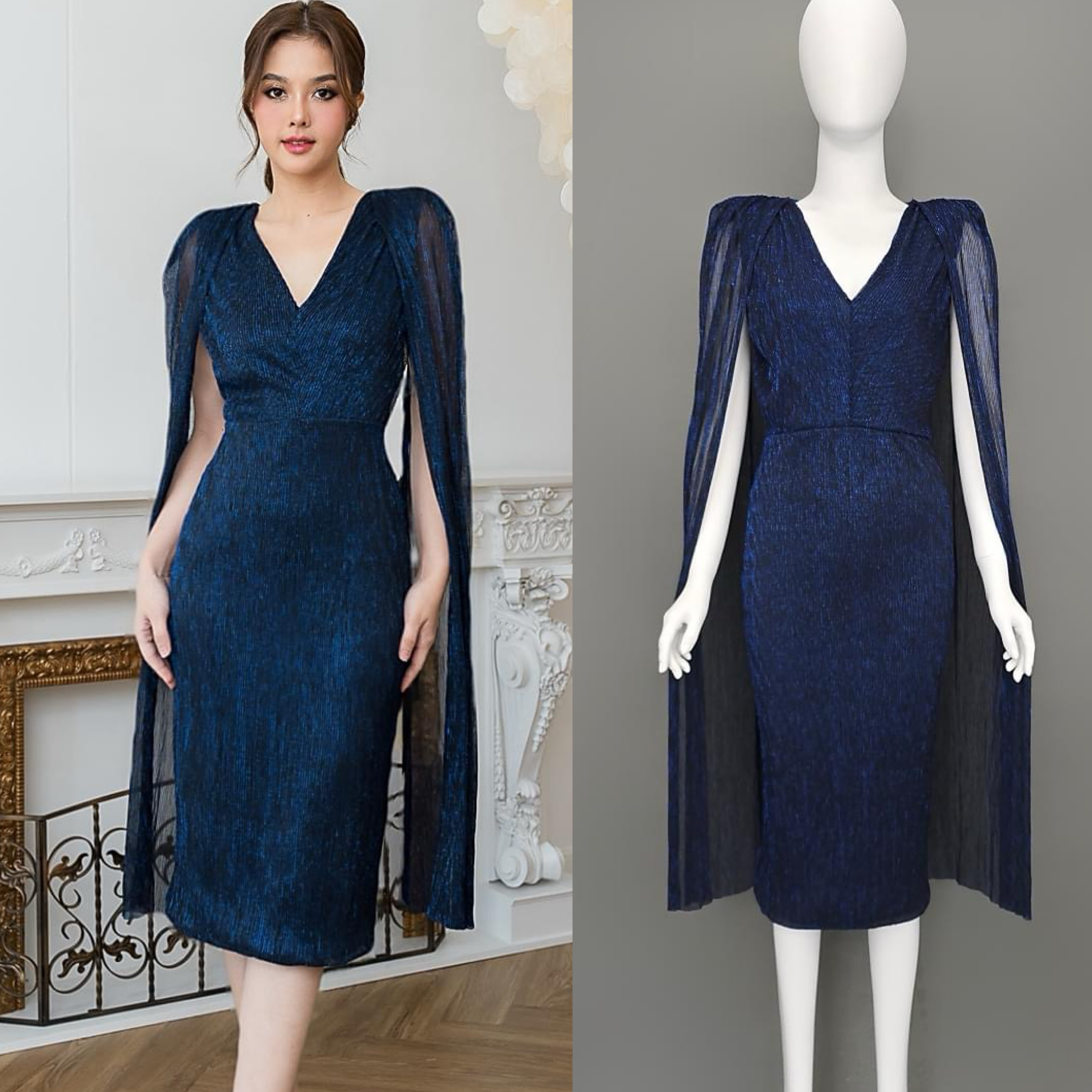 เดรส เสื้อคอวี กระโปรงทรงสอบเข้ารูป : แขนเสื้อเป็นผ้าคลุม ลูกเล่นผ่าด้านใน เพื่อความกรุยกราย มีซิปซ่อนและซับในเต็มตัว ใส่สบาย : สินค้าคุณภาพ (พร้อมส่ง)