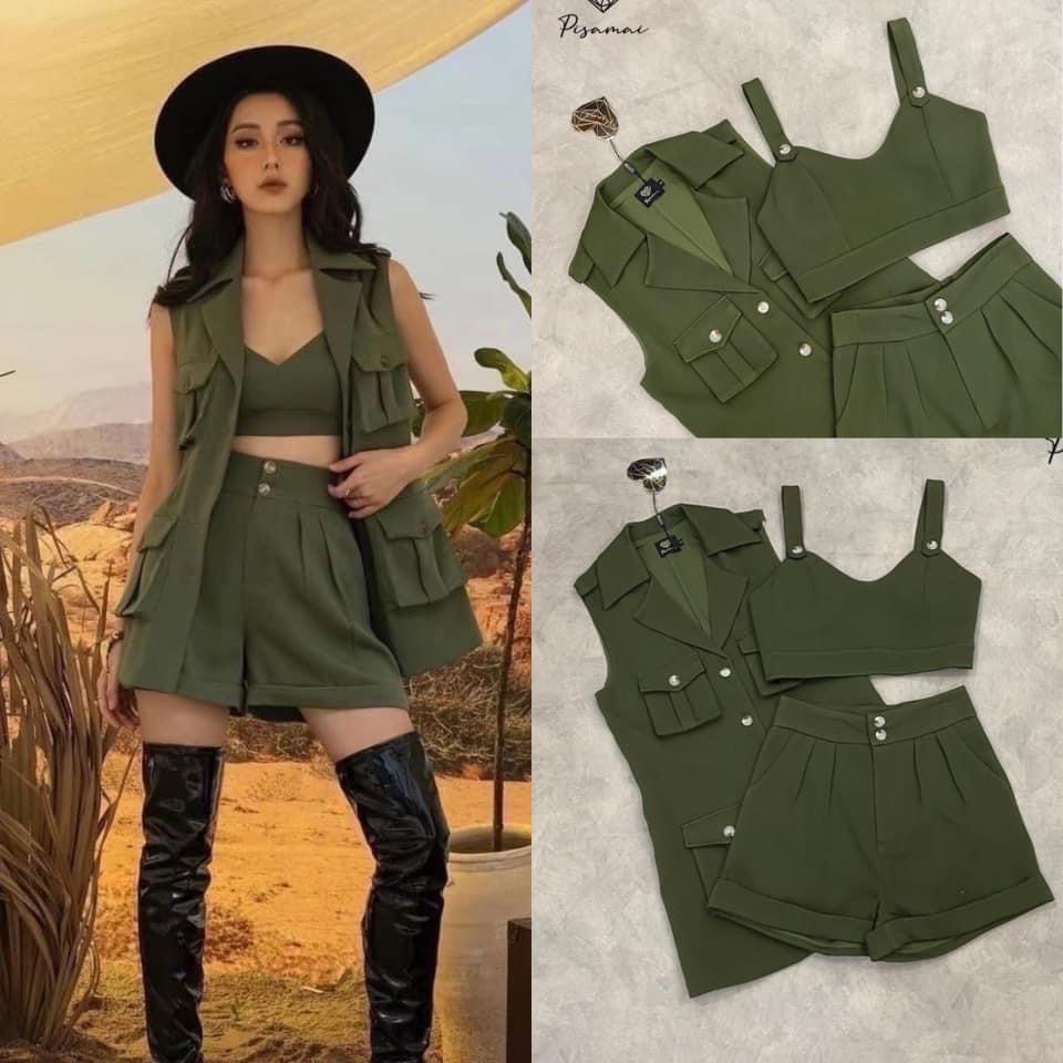 เซ็ตเสื้อคอปสายเดี่ยว มาคู่กับกางเกงขาสั้น พร้อมเสือกั้กแขนกุกเข้าเซ็ต รุ่นนี้ไม่มีผิดหวังแน่นอน ใส่สบาย : สินค้าคุณภาพ (พร้อมส่ง)