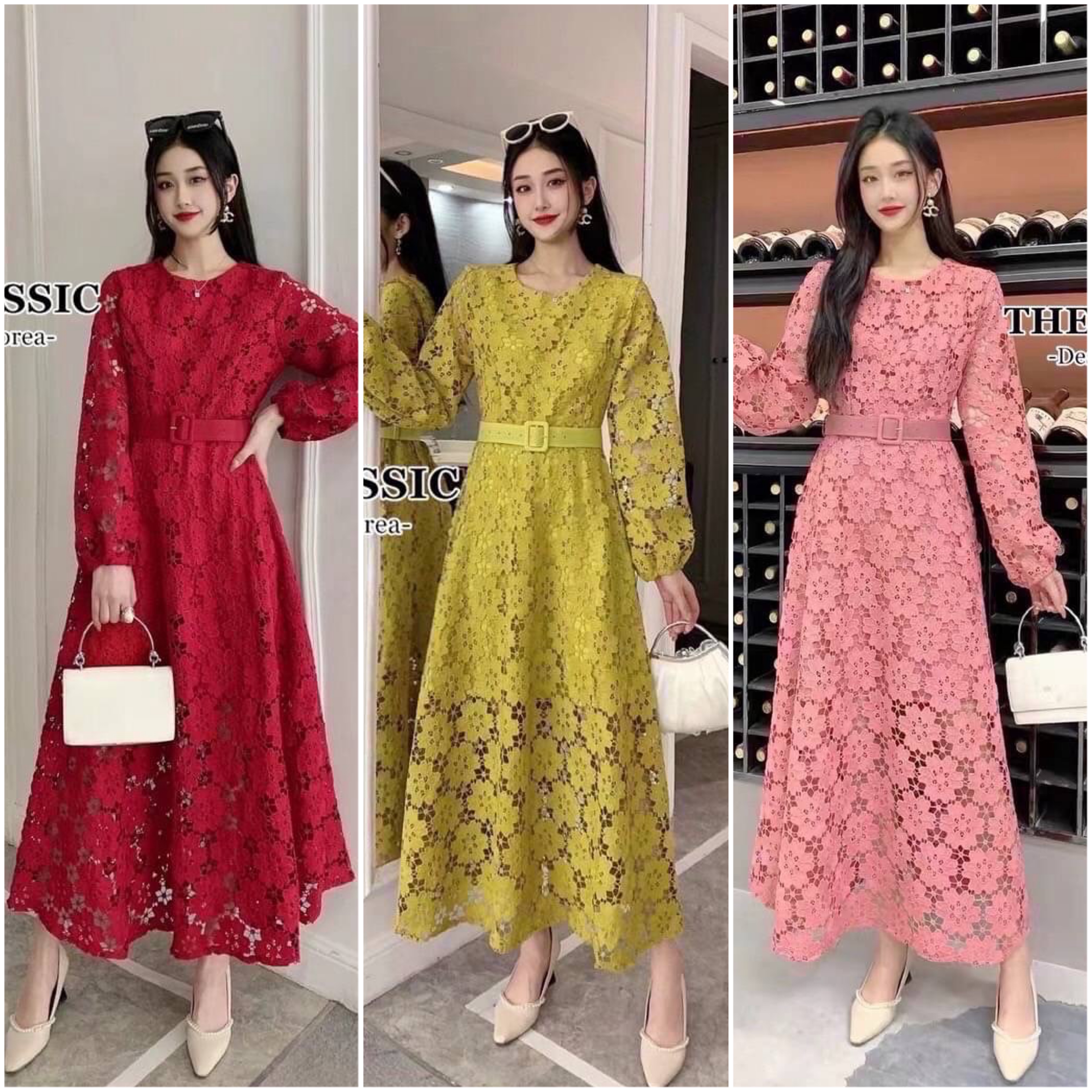 เดรสลูกไม้แขนยาว+เข็มขัด : สินค้าคุณภาพ (พร้อมส่ง)