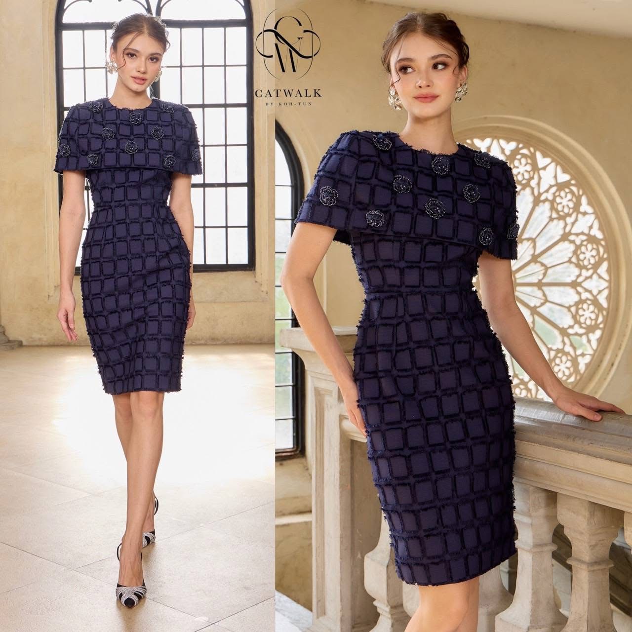 เดรสผ้าทอคลุมไหล่แต่ดอกไม้ เนื้อผ้าทอลายตารางเกรดเอ เนื้อนุ่มใส่สบาย ตัวชุดเป็นทรงเข้ารูป ใส่สบาย : สินค้าคุณภาพ (พร้อมส่ง)