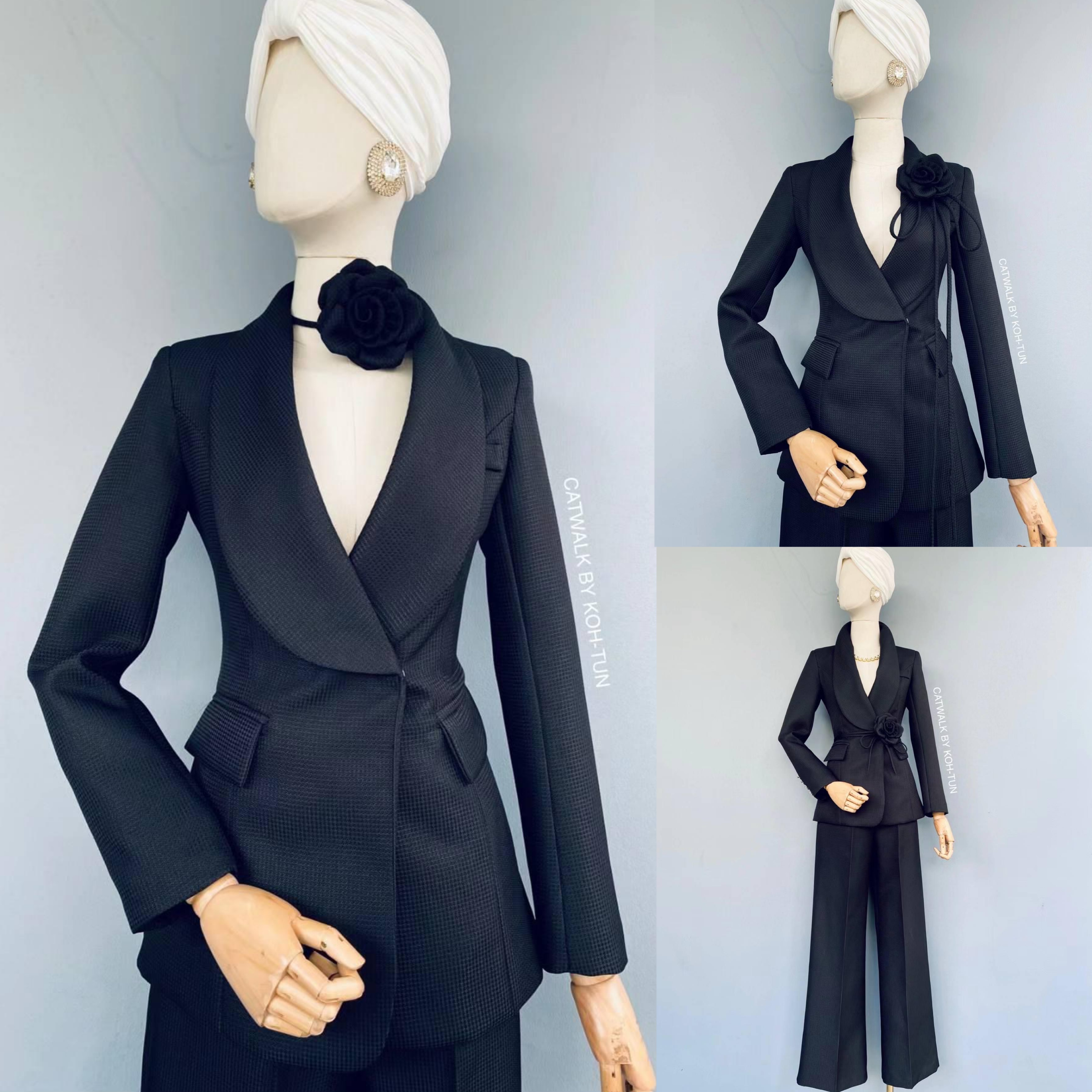 เซตBLAZER ปกกล้วย+กางเกงขายาว + เข็มกลัดดอกไม้ เนื้อผ้าเกรดเอ เป็นผ้าทอมีลายในตัว สินค้าคุณภาพ (พร้อมส่ง)