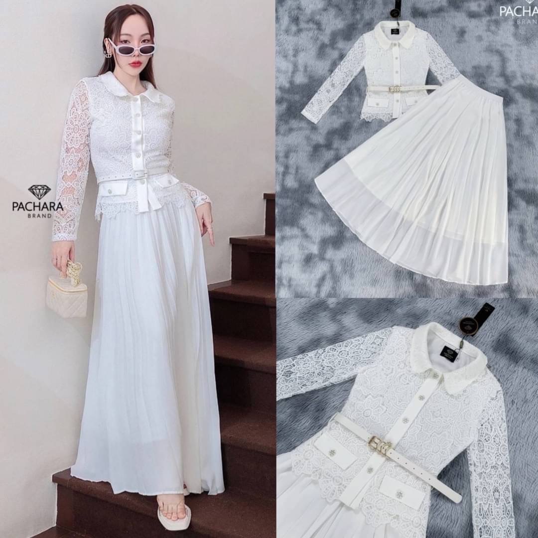 เซ็ต 3 ชิ้น เสื้อคอปกแขนยาวสีขาว เนื้อผ้าลูกไม้ทอฉลุลายสวยมาก แต่งกระดุมมุกด้านหน้า แมทช์คู่กับกระโปรงเอวสูงผ้าชีฟอง มีซับด้านในยาว มาพร้อมเข็มขัดหนังเข้าชุด ใส่สบาย สินค้าคุณภาพ (พร้อมส่ง)