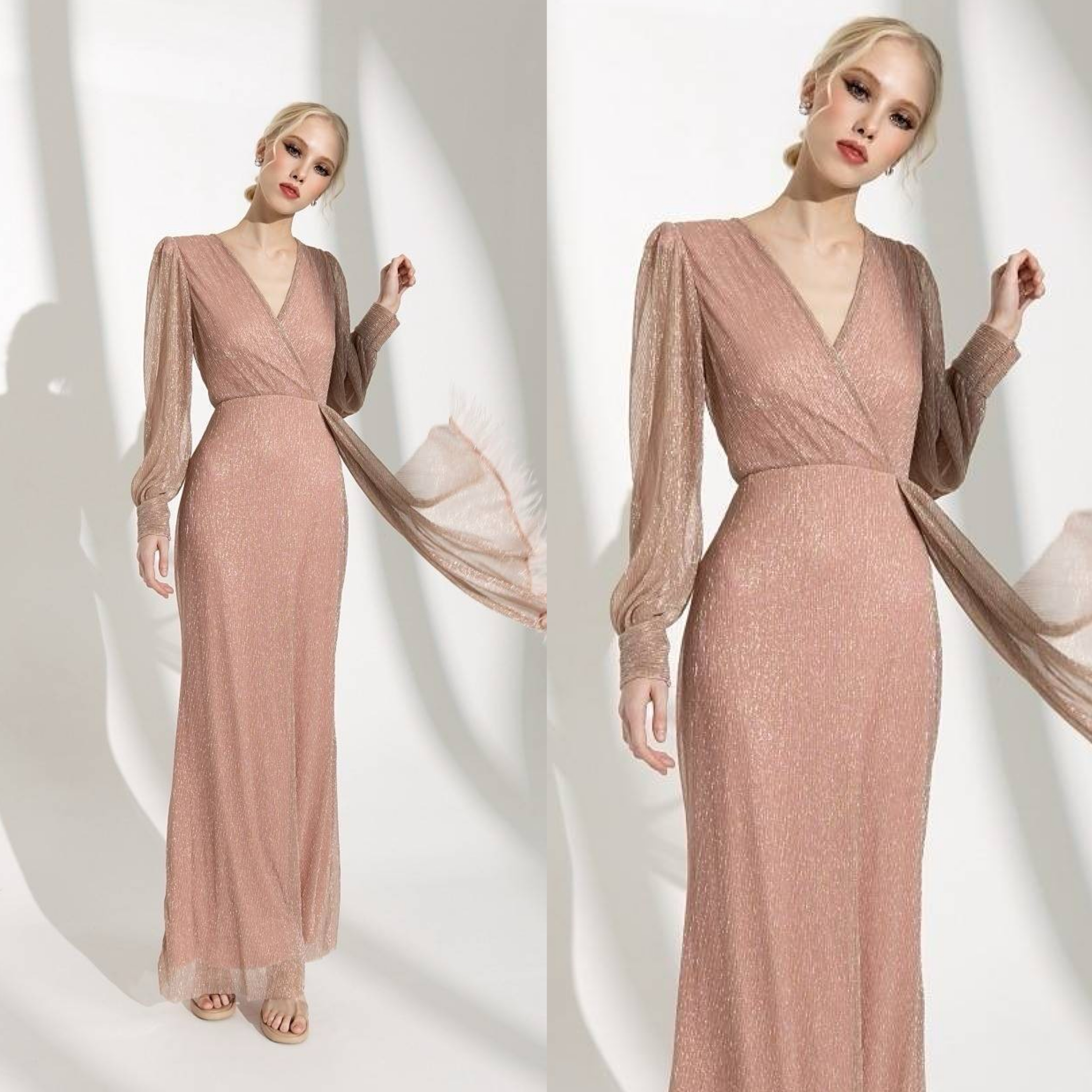 เดรสเสื้อคอวีป้ายแขนยาว กระโปรงยาวจับ เดรปข้างลำตัว ดีเทลแต่งชายระบายขนนก : สินค้าคุณภาพ (พร้อมส่ง)