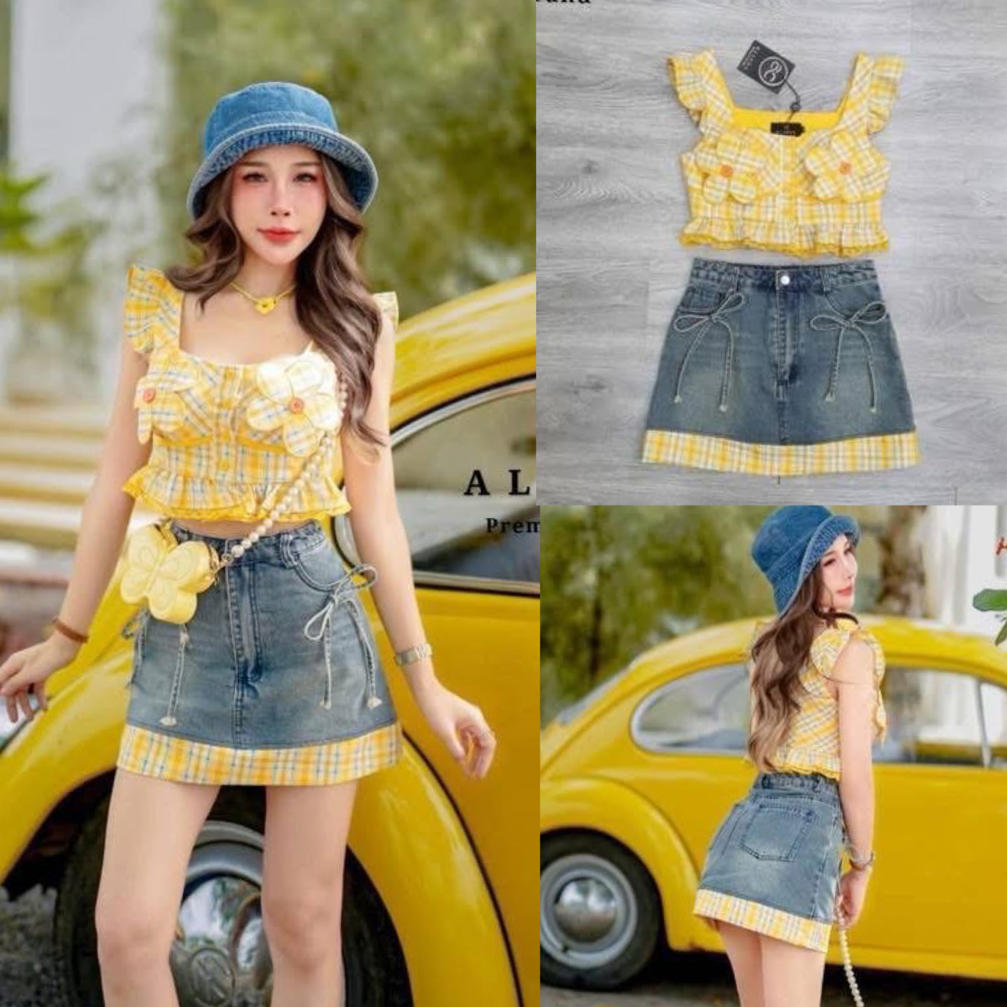 ชุดเซ็ท เสื้อทรงครอปกระดุมหน้าลายสก็อตสีชมพู แต่งชายระบายดอกไม้ 2 ชิ้นเป็นเข็มกลัด+กระโปรงยีนส์ฟอก ใส่สบาย : สินค้าคุณภาพ (พร้อมส่ง)
