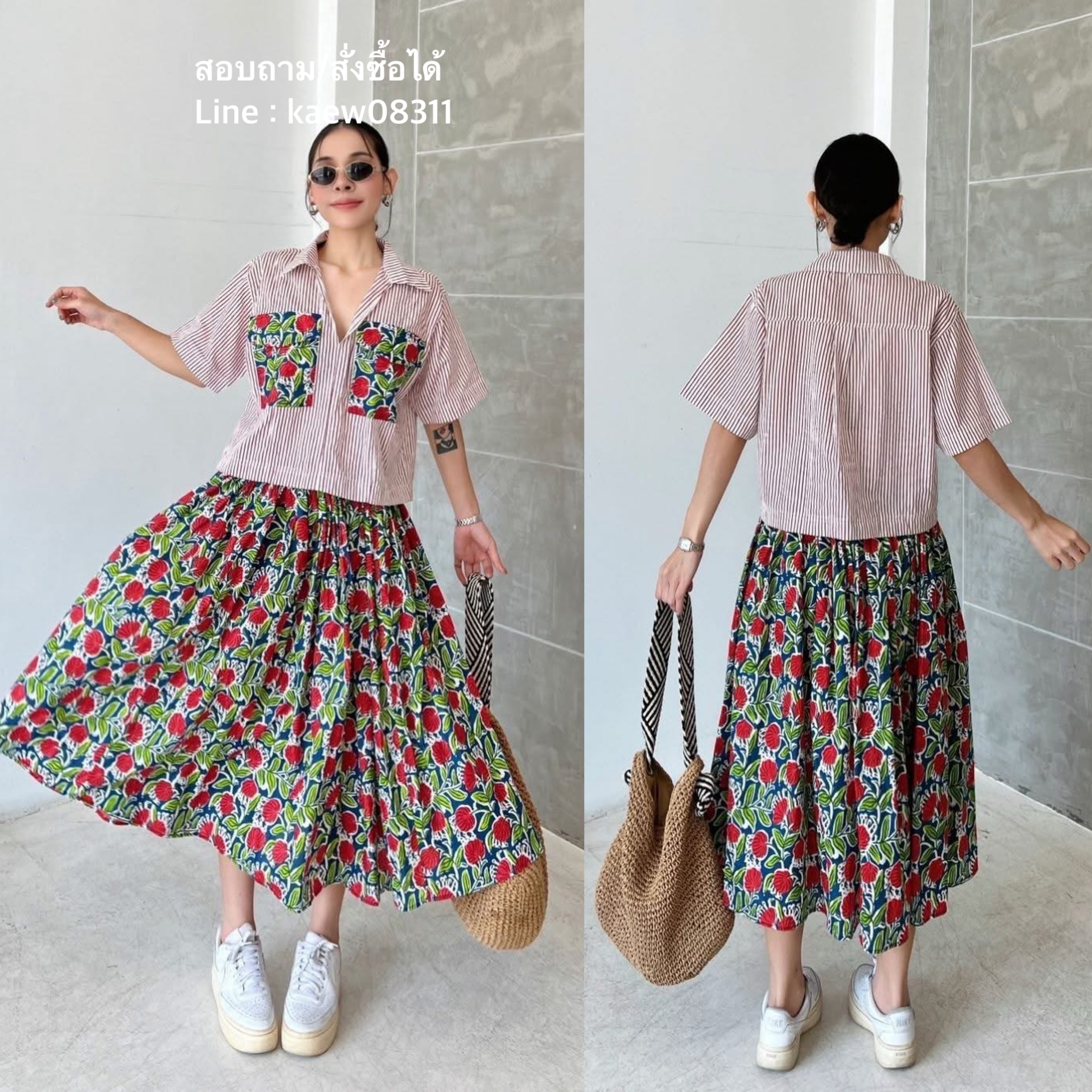 ชุดเซ็ทผ้าบล็อคคอทตอลอินเดีย เสื้อคอปก วีหน้า ชายตรง กระเป๋าอก (งานสวมหัว) กระโปรงเอวสม็อค จีบรอบ♡ชุดเซ็ทสุดชิค ใส่สบาย : สินค้าคุณภาพ (พร้อมส่ง)