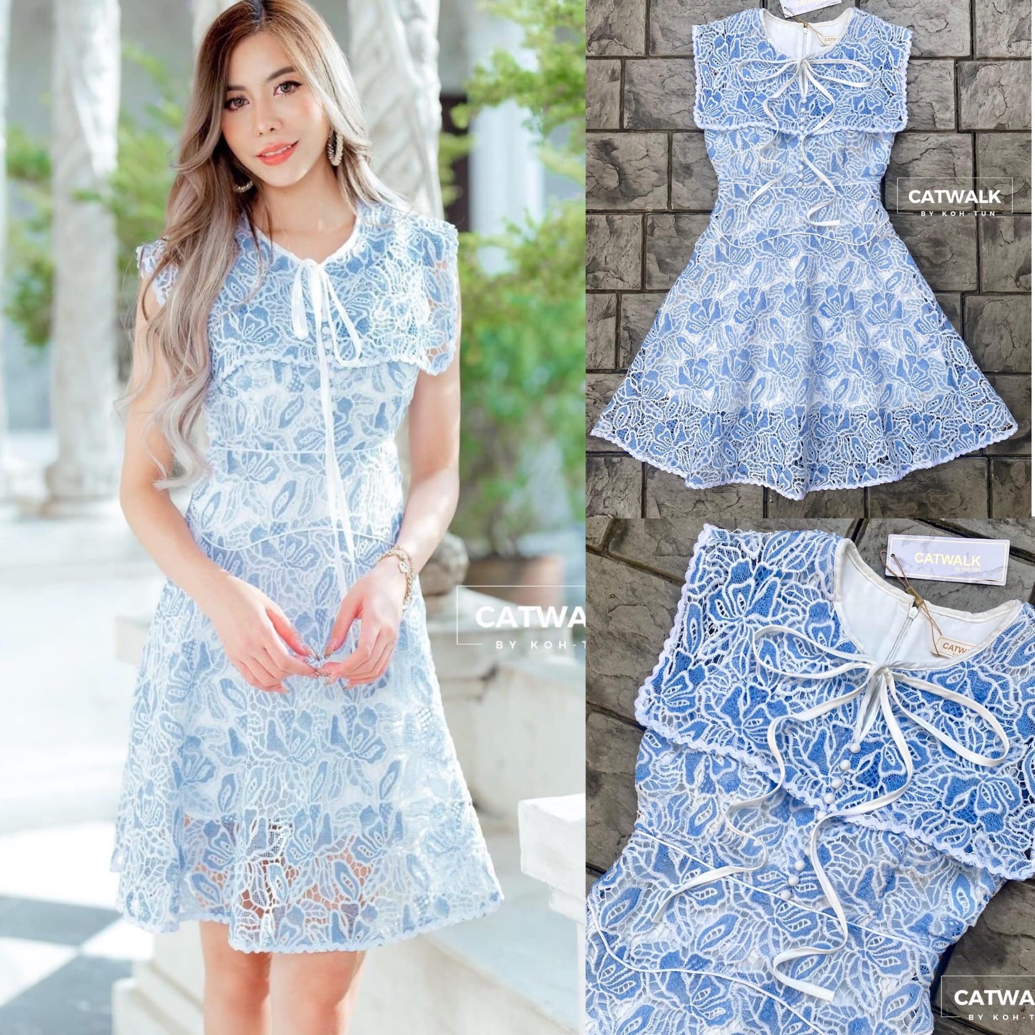 เดรสลูกไม้ ผ้าลูกไม้เนื้อนิ่มใส่สบาย ลายทอสวย ตัวชุด ช่วงบนเป็นทรงเข้ารูป กระโปรงเป็นทรงเอ หน้าอกแต่งกระดุมปั้มเรียงเม็ด มีสายโบว์ ที่คอชุดน่ารักมาก สินค้าคุณภาพ (พร้อมส่ง)