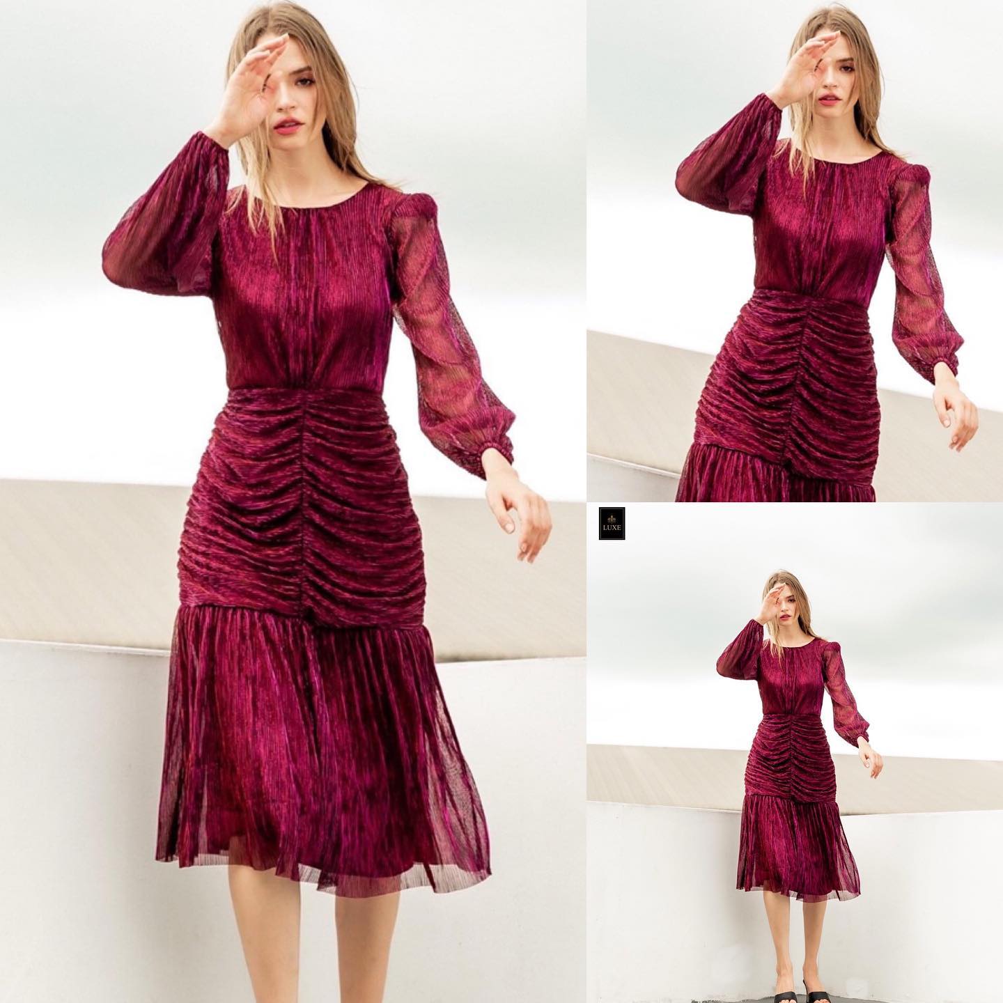 เดรสเสื้อคอกลมแขนยาว กระโปรงทรงเข้ารูปจับ เดรปตรงกลาง ต่อชายระบาย อัดพลีทผสมดิ้นเมทัลลิค ผ้านุ่มยืดหยุ่น มีประกาย เล่นแสงสวยมาก มีซิปซ่อนและซับในเต็มตัวค่ะสินค้าคุณภาพ (พร้อมส่ง)