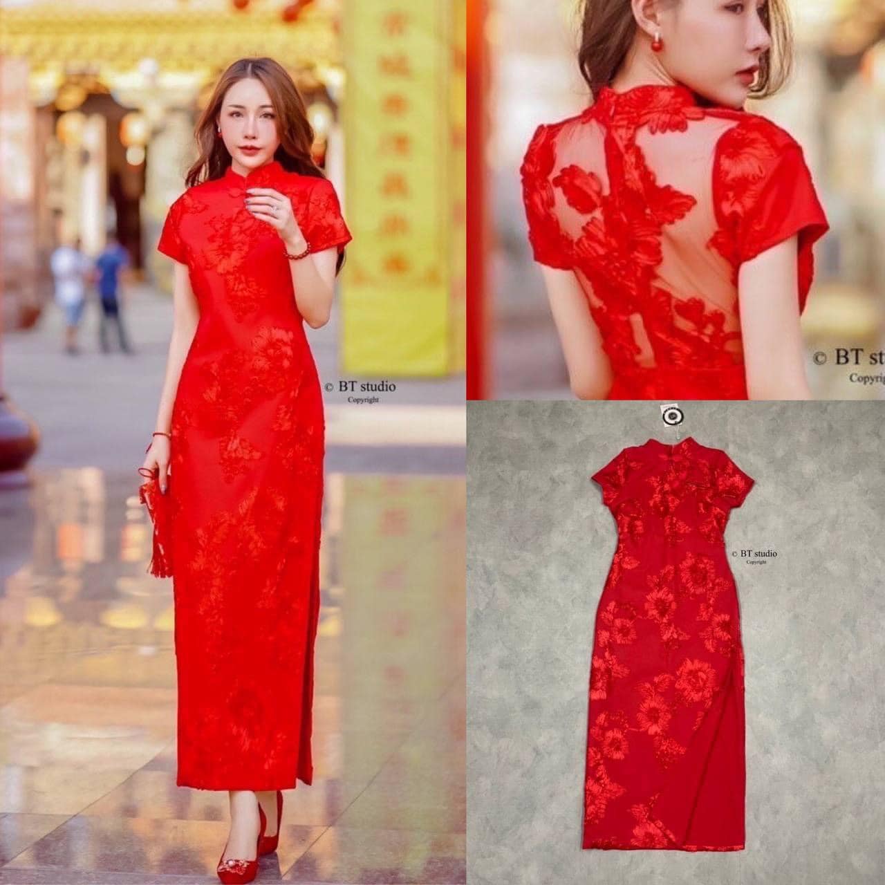 เดรสกี่เพ้าคอจีนแขนสั้น ผ่าด้านข้าง งานปัก แน่น ๆ ทั้งชุด งานสวยมากก ด้านหลังแต่ซีทรูครึ่ง แผ่นหลัง ใส่แล้วเรียบหรู ใส่สบาย สินค้าคุณภาพ (พร้อมส่ง)