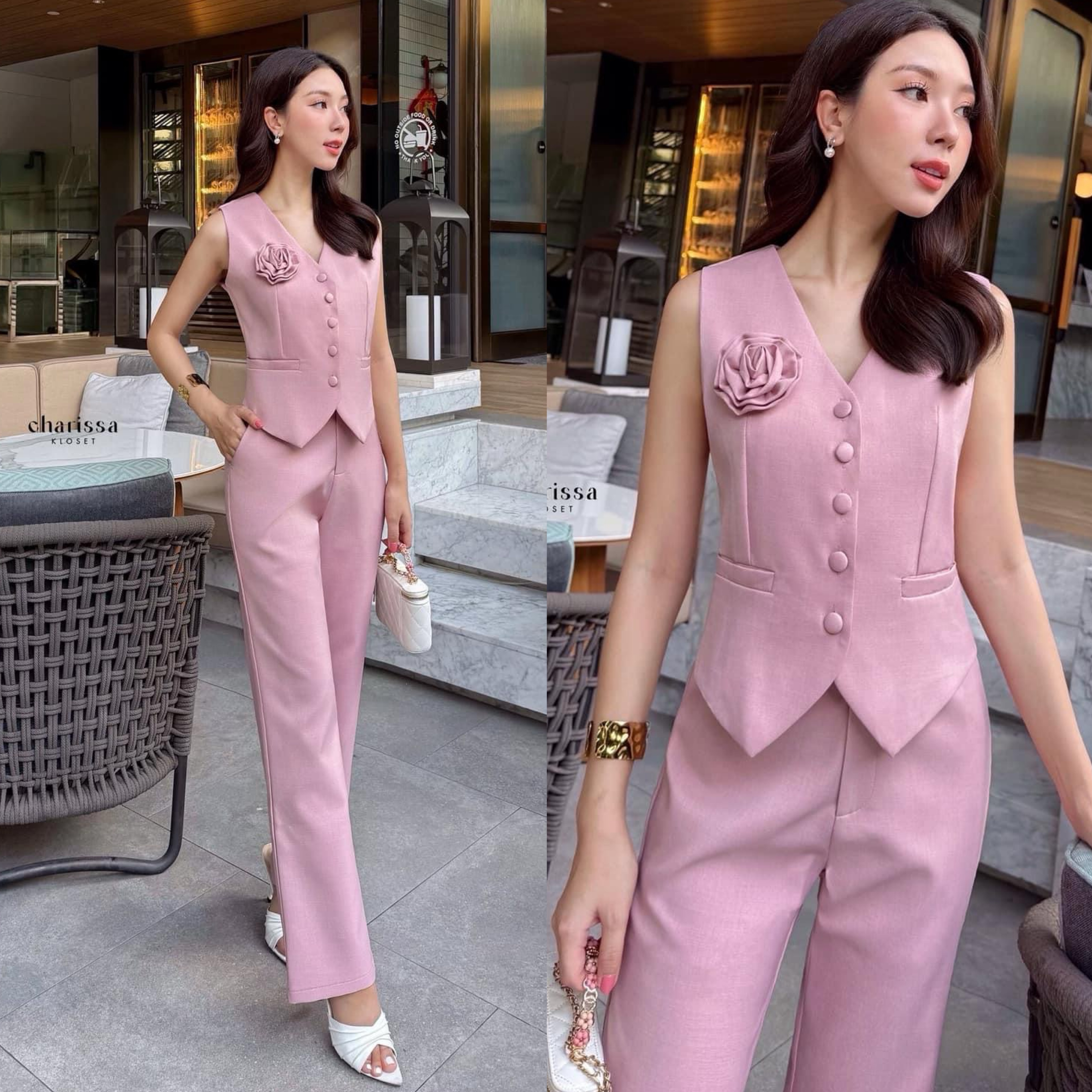 ชุดเซ็ทเสื้อ+กางเกงสวยหรู ลุคคุณหนู ผ้าเนื้อดีสุด ห้ามพลาด🔥(ฟรีเข็มกลัดดอกไม้ ถอดได้) ใส่สบาย : สินค้าคุณภาพ (พร้อมส่ง)