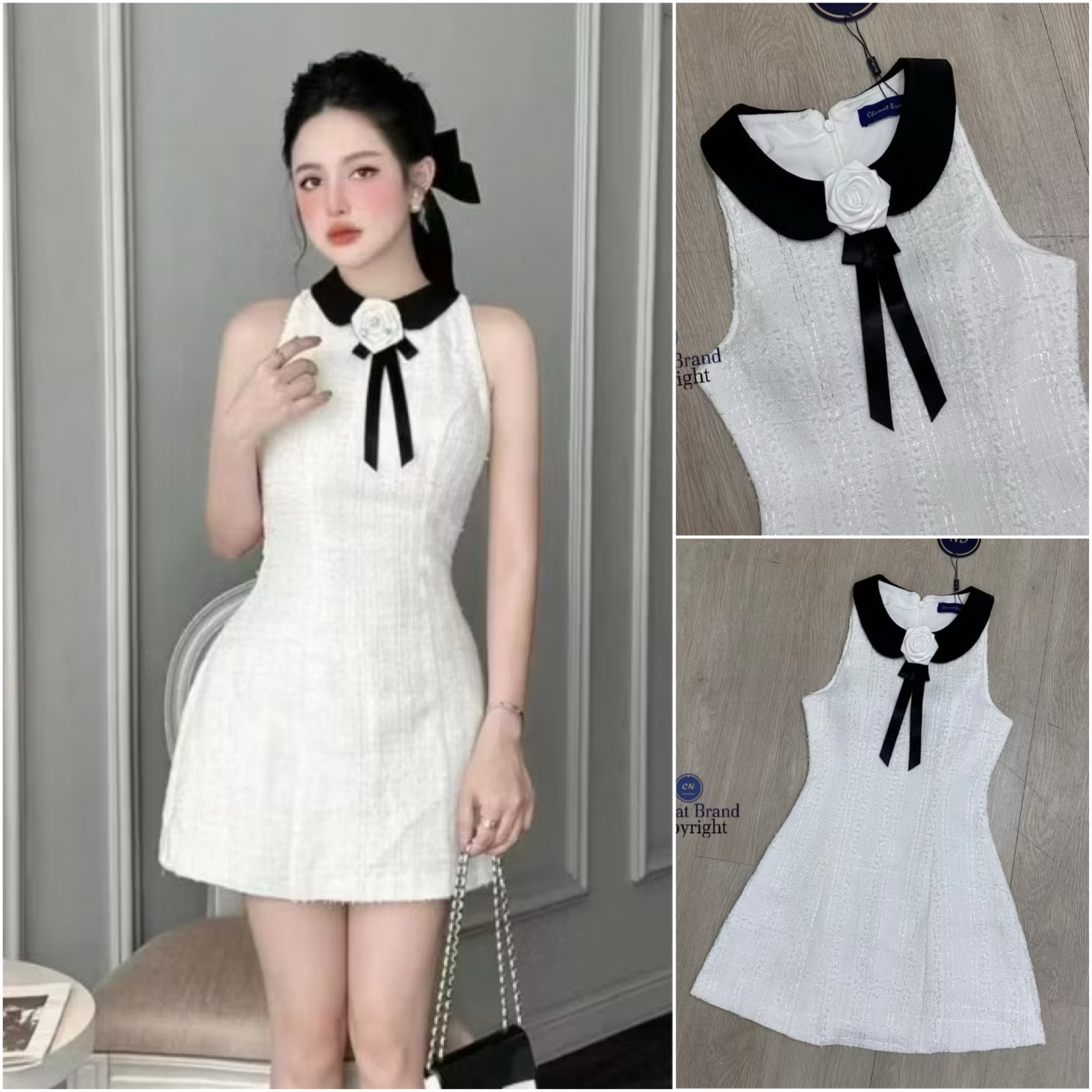 มินิเดรสแขนกุดผ้าทอนิ่มสีขาวผสมดิ้นเงิน ช่วงคอแต่งปกคอดำ และมีเข็มกลัดดอกไม้สีขาว ใส่สบาย : สินค้าคุณภาพ (พร้อมส่ง)