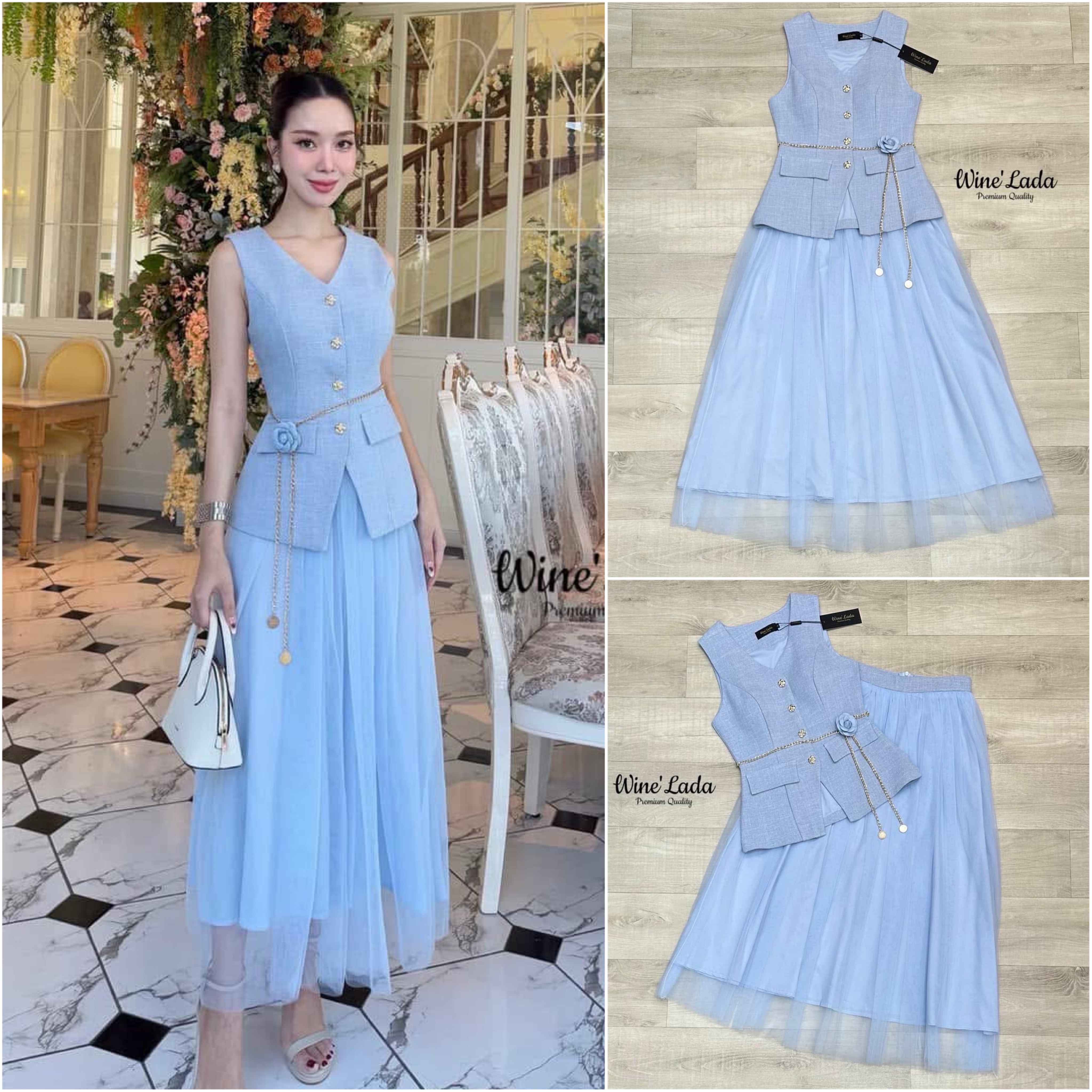 Set 4 Pcs. เช็ทเสื้อแขนกุดกระดุมหน้า เนื้อผ้ามีเทคเจอร์ มาพร้อมกระโปรงมุ้งสีเข้าเซ็ท มีเข็มกลัดดอกไม้และเข็มขัดโซ่ เพิ่มความลัคซู ทรงสวย เป๊ะ สวยหรู ดูแพง มากค่ะ ใส่แล้วผอมเพียว ซับในทั้งตัว ใส่สบาย : สินค้าคุณภาพ (พร้อมส่ง)