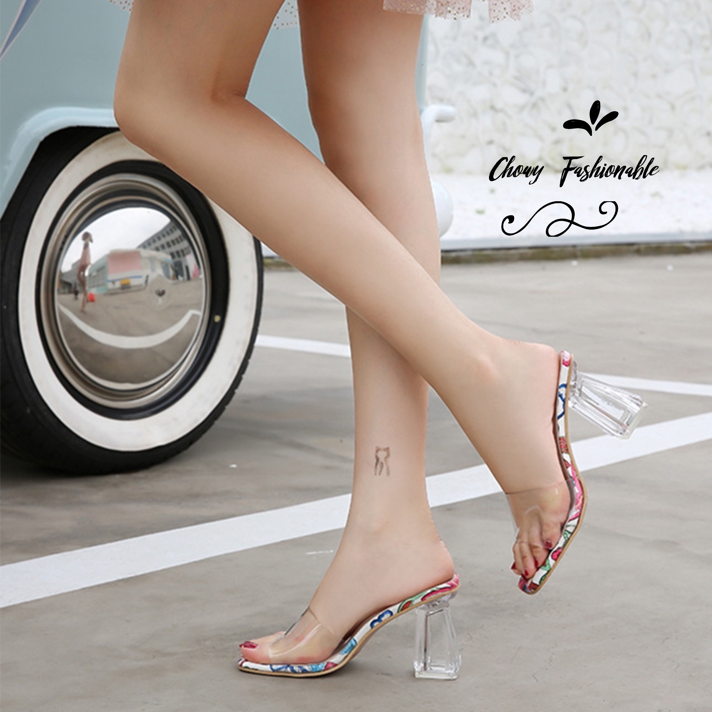 รองเท้าไซส์ใหญ่ 41-46 รองเท้าแตะมีส้น สูง 3 นิ้ว ส้นแก้วใส ด้านบน PU นิ่มใส CHOWY KR0960BU